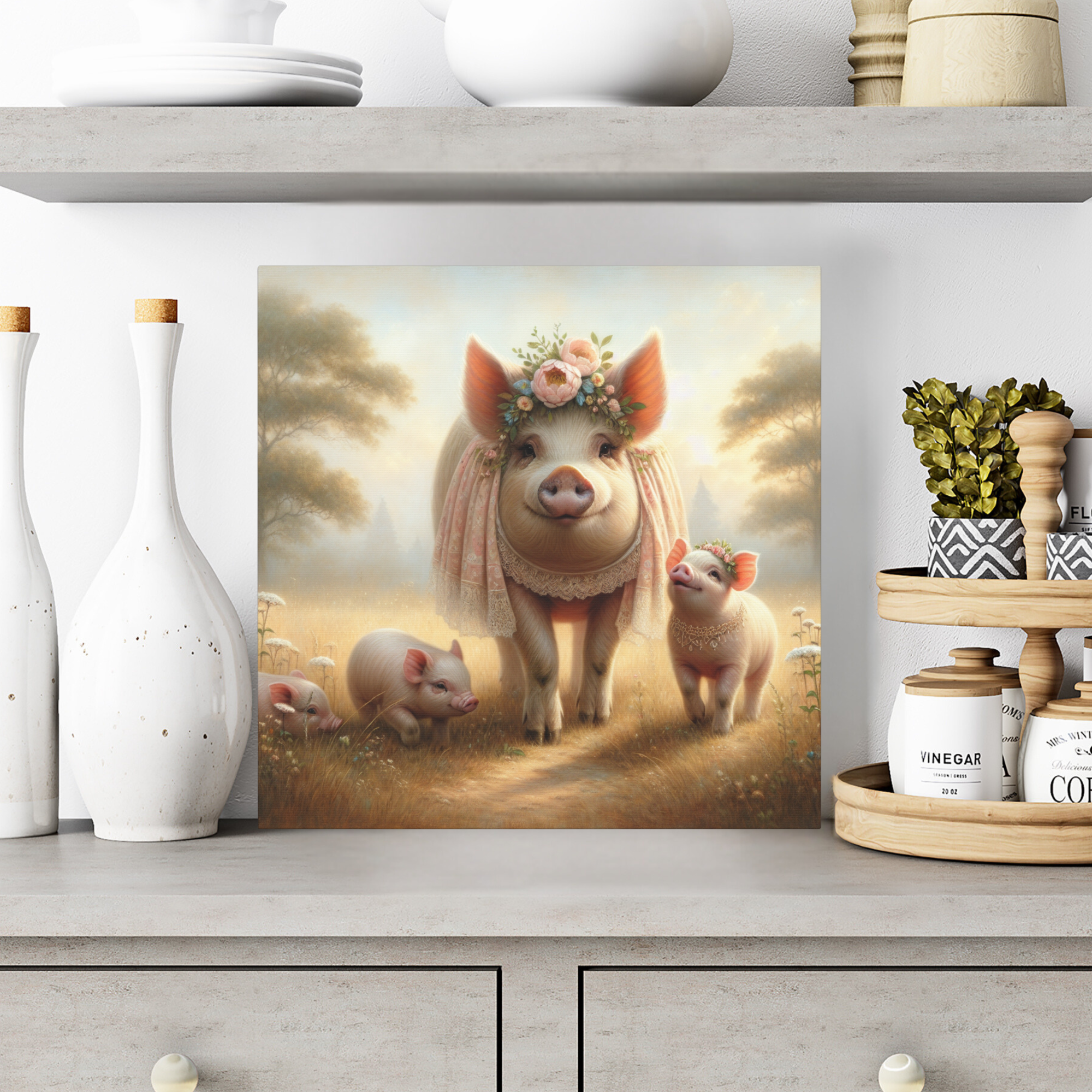 Mama Pig With Piglets in Floral Field – Vintage Pig Wall Art