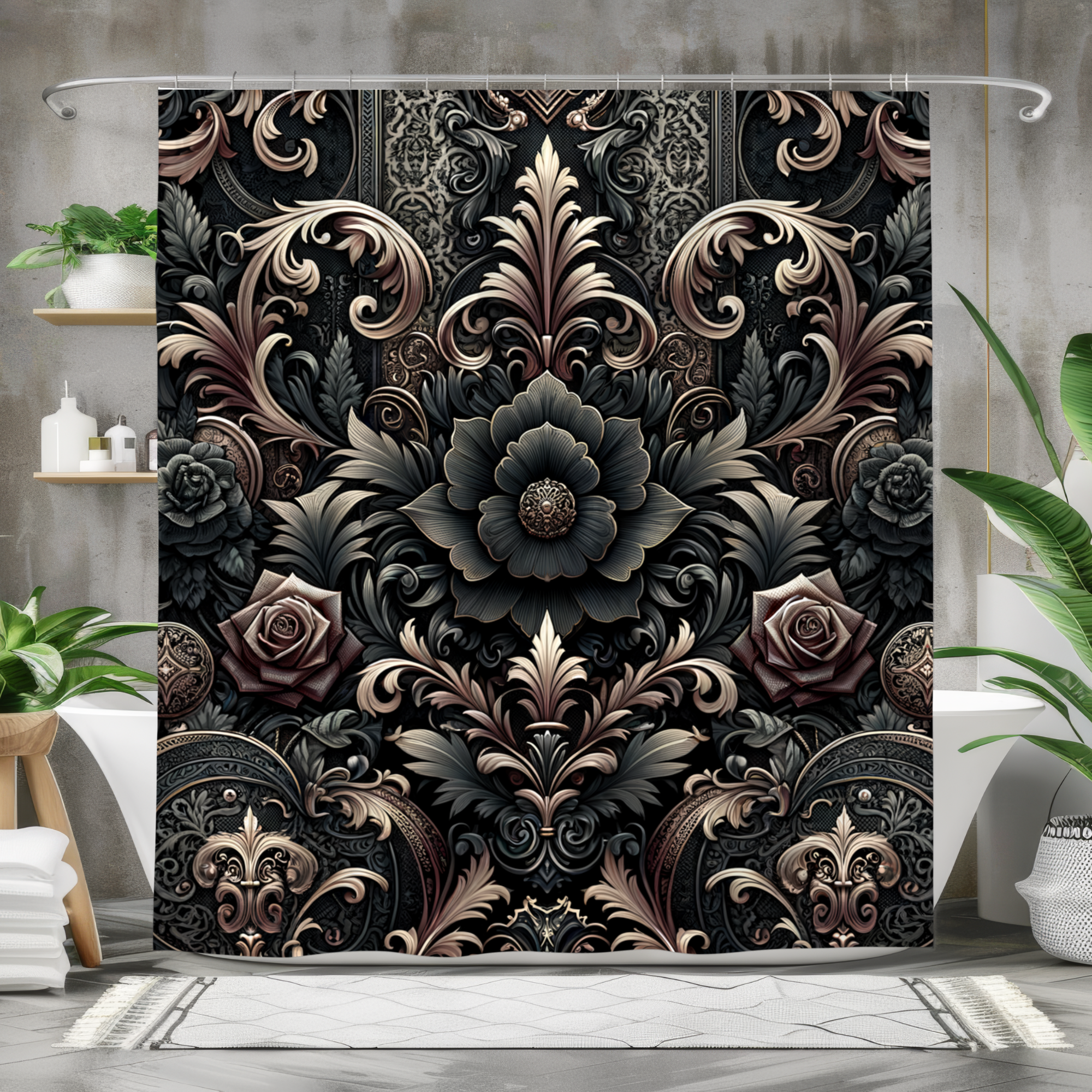 Gothic Baroque Floral Shower Curtain – Dark Romantic Bathroom Decor