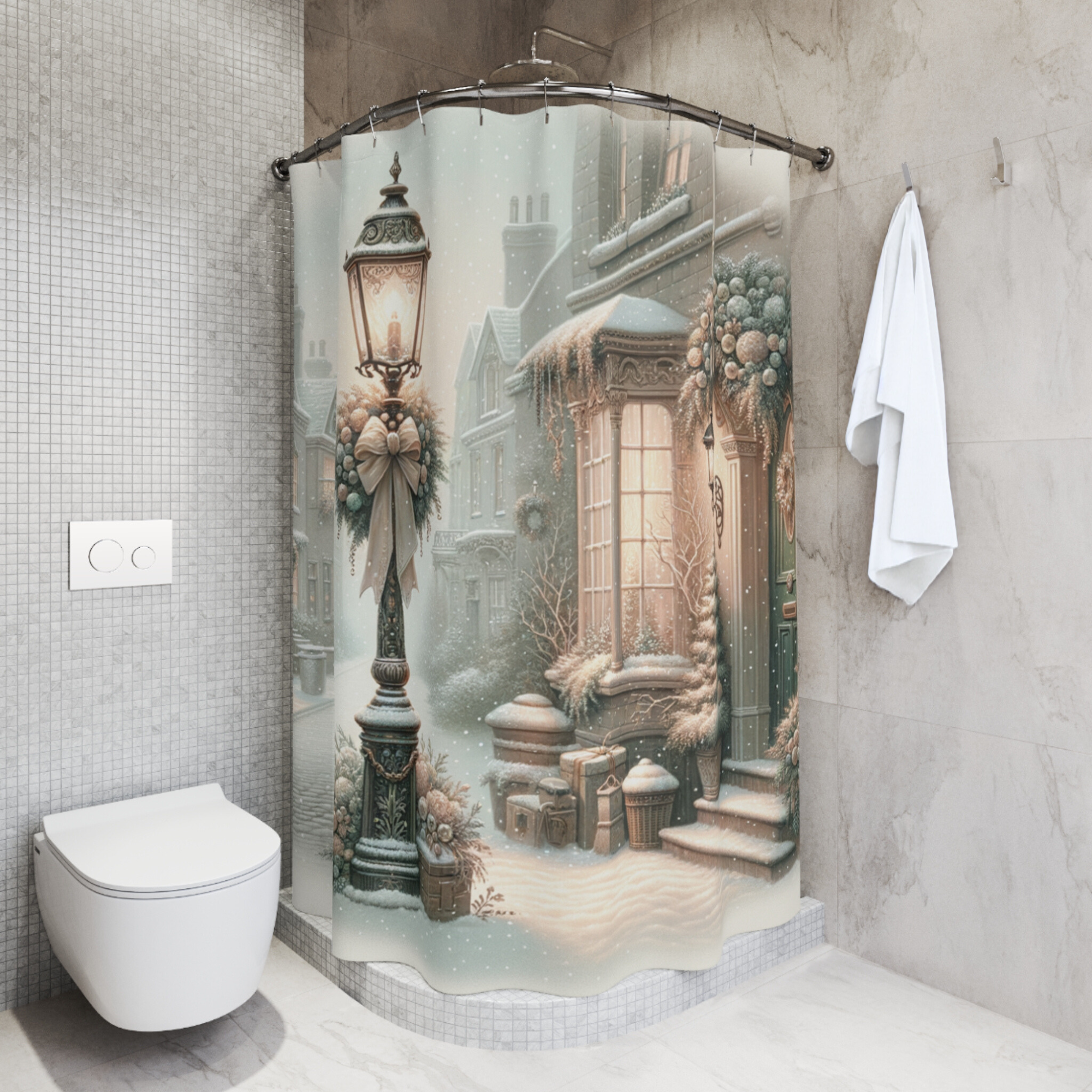 Victorian Christmas Street Scene – Elegant Holiday Shower Curtain