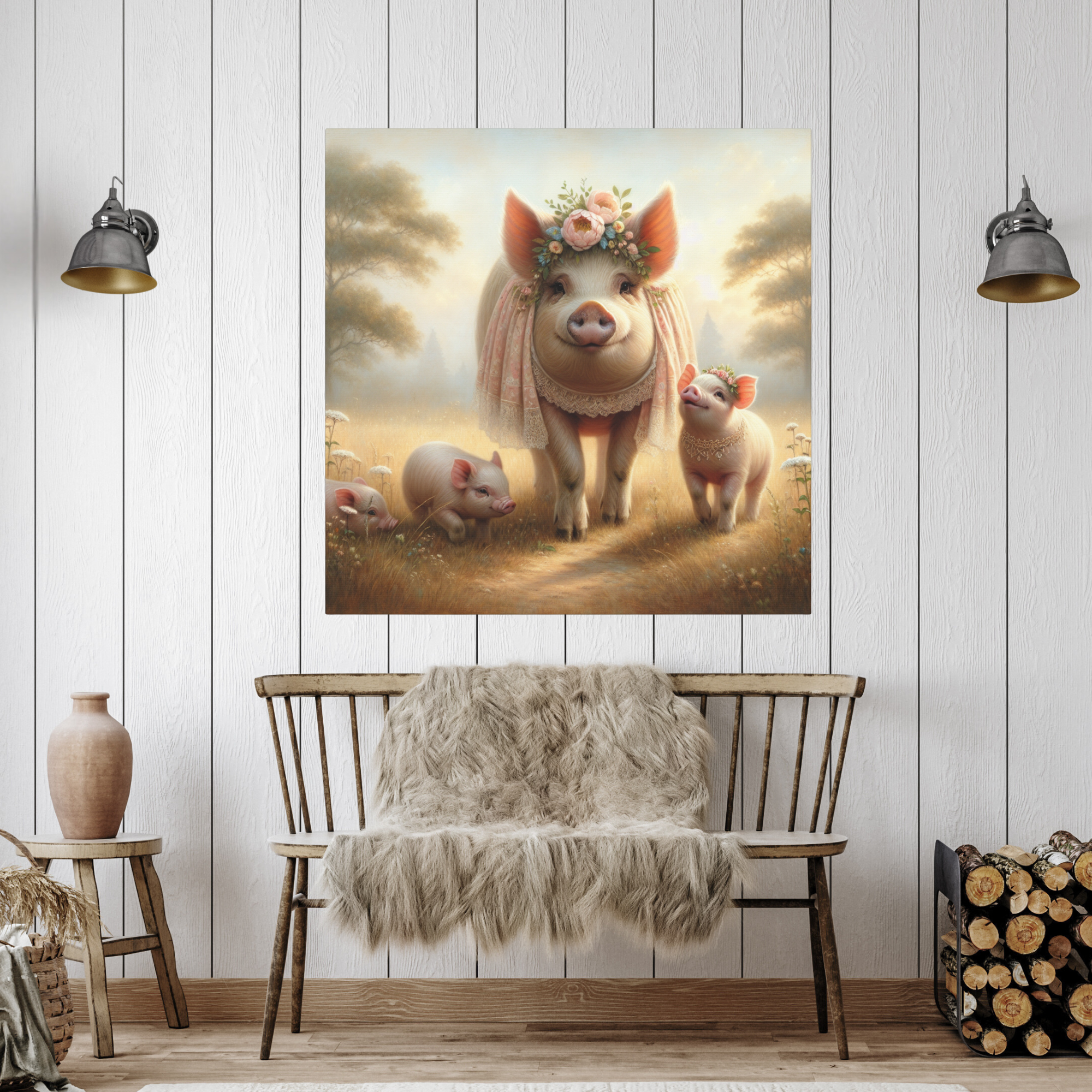 Mama Pig With Piglets in Floral Field – Vintage Pig Wall Art