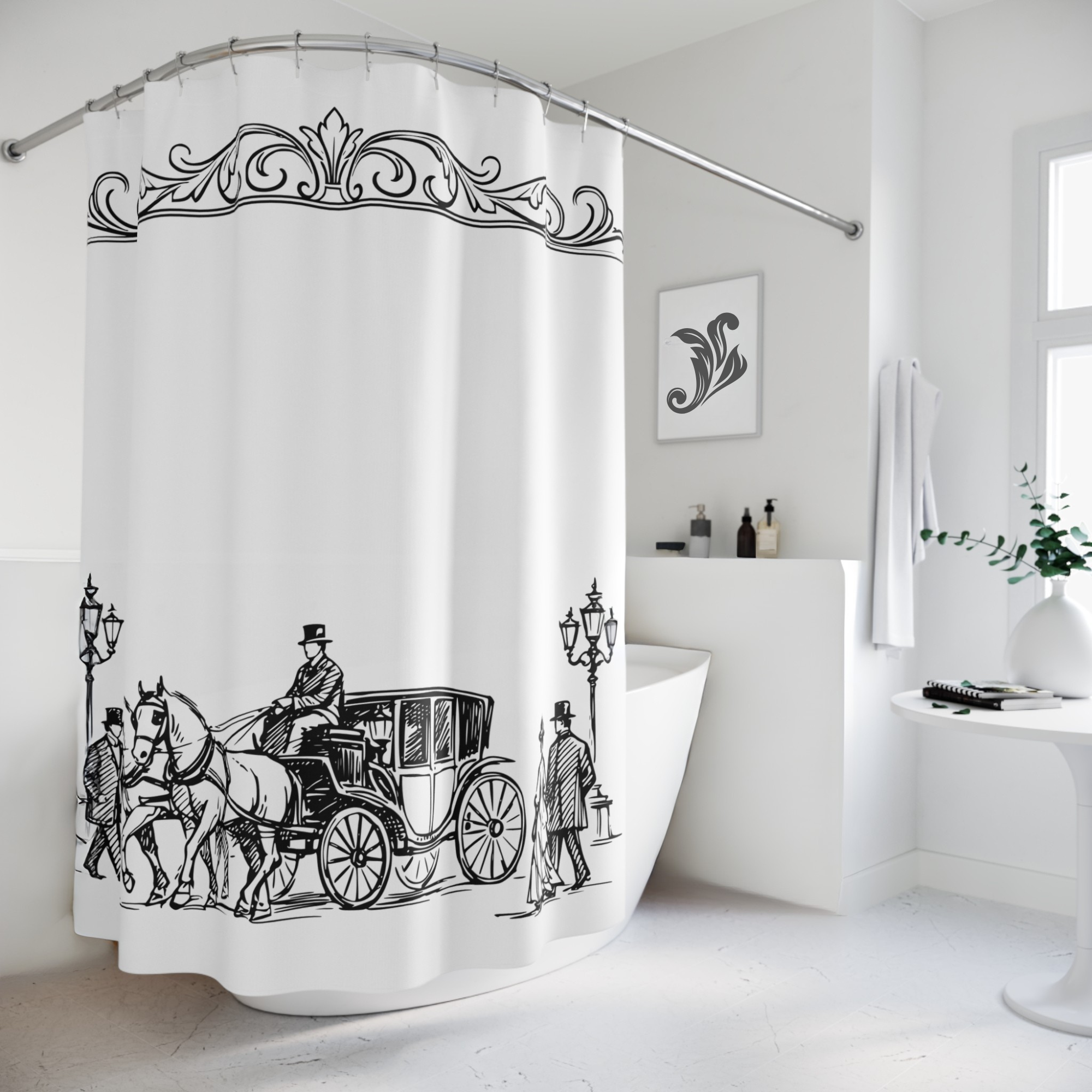 Victorian Carriage Shower Curtain Black White