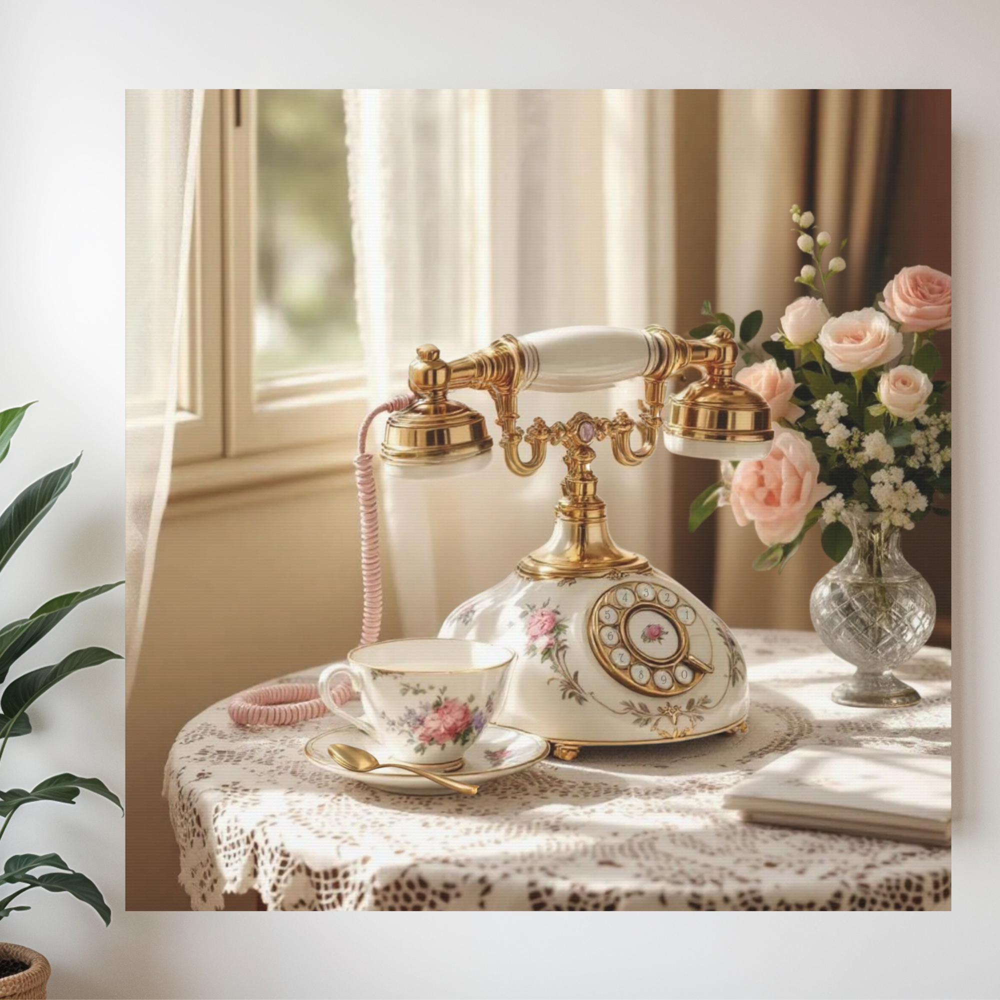 Elegant Porcelain Telephone With Roses – Vintage Floral Wall Art