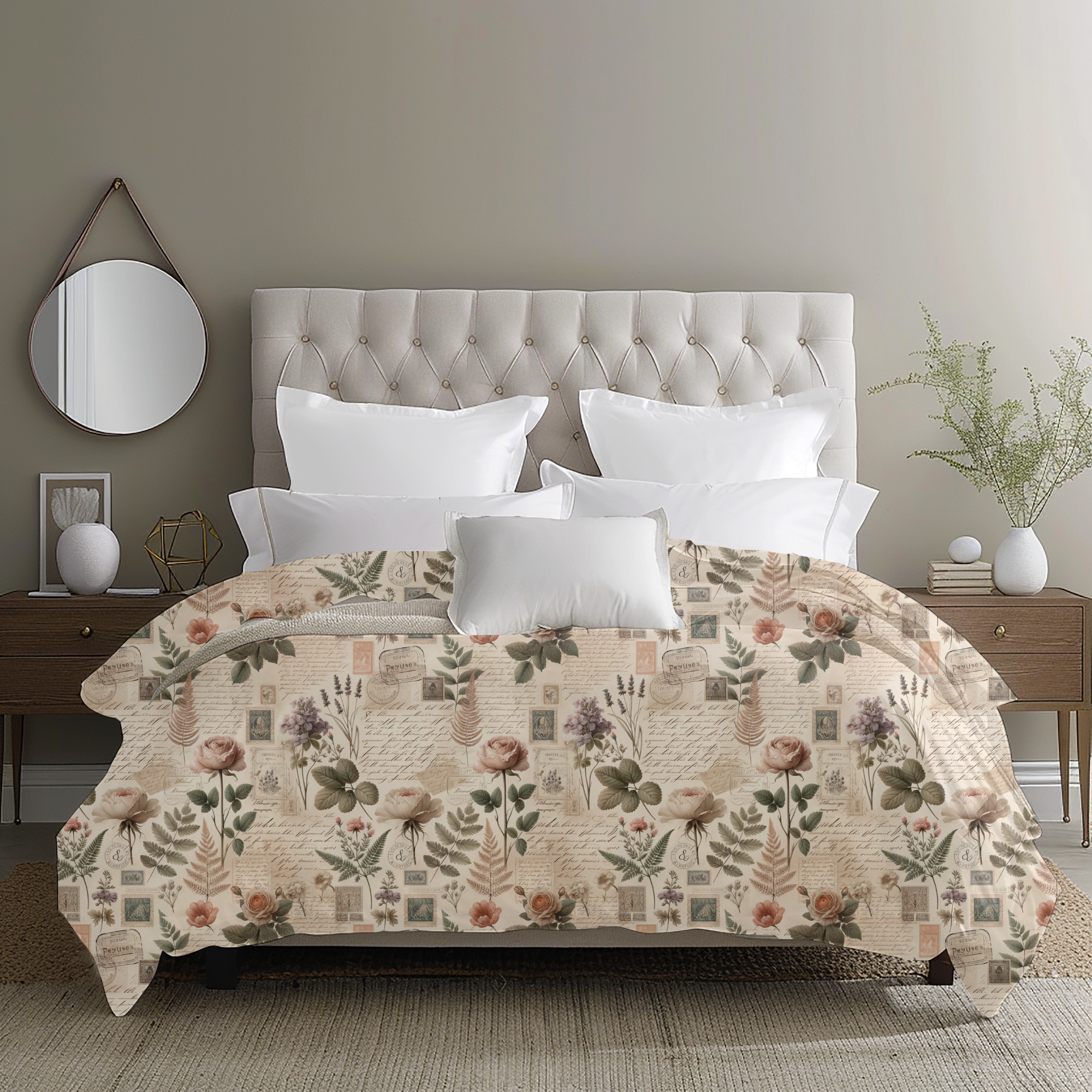 Antique Script & Botanical Collage Duvet Cover – Vintage Floral Letter Bedding