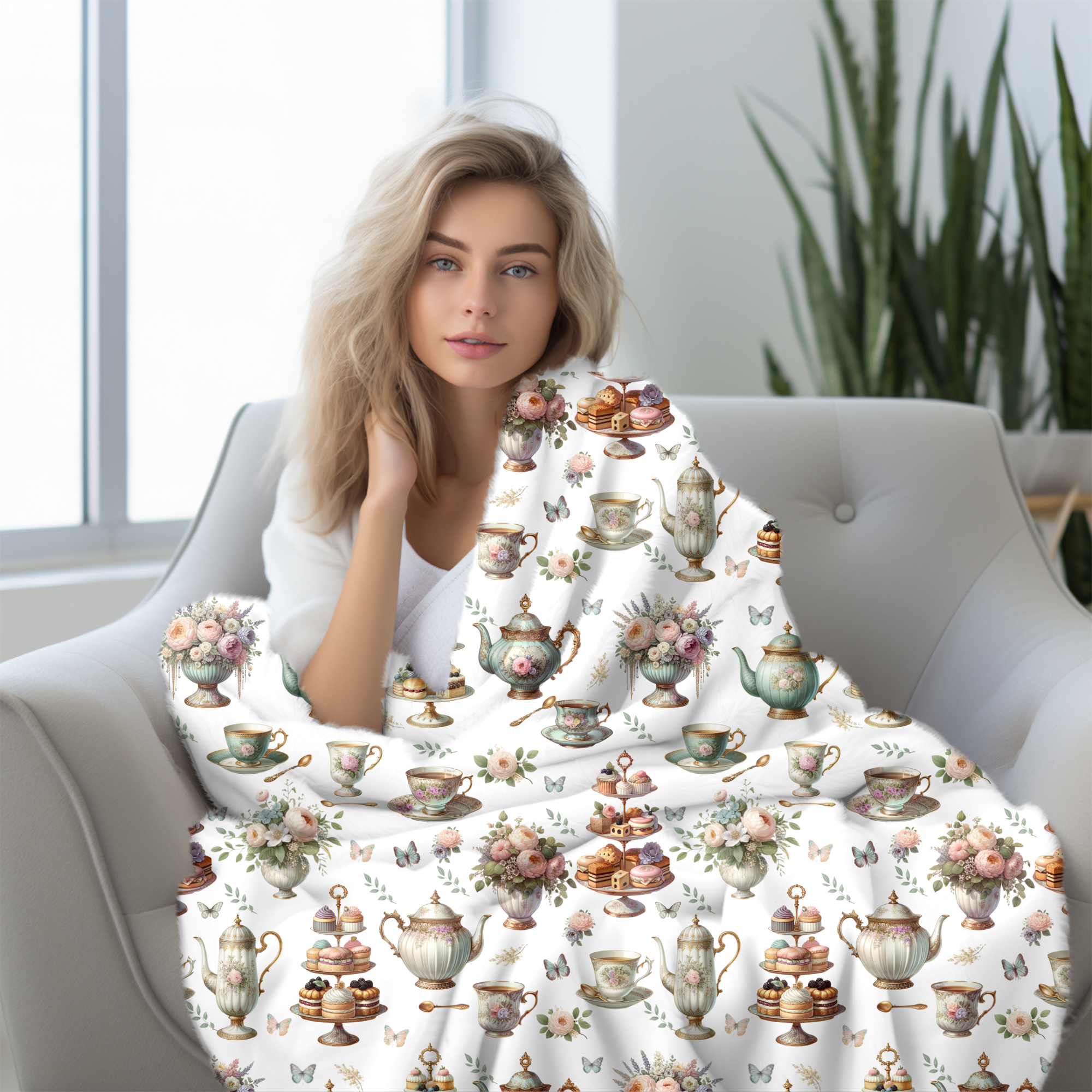 Vintage Teapots and Tiered Cakes – Elegant High Tea Throw