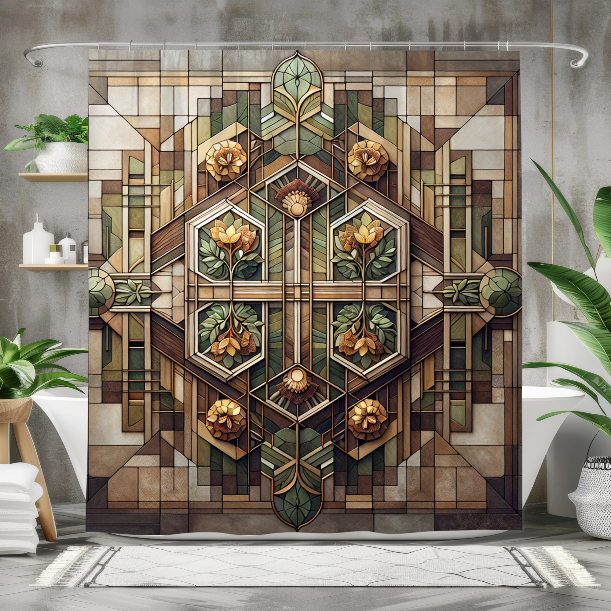 Art Deco Floral Shower Curtain – Geometric Green Gold