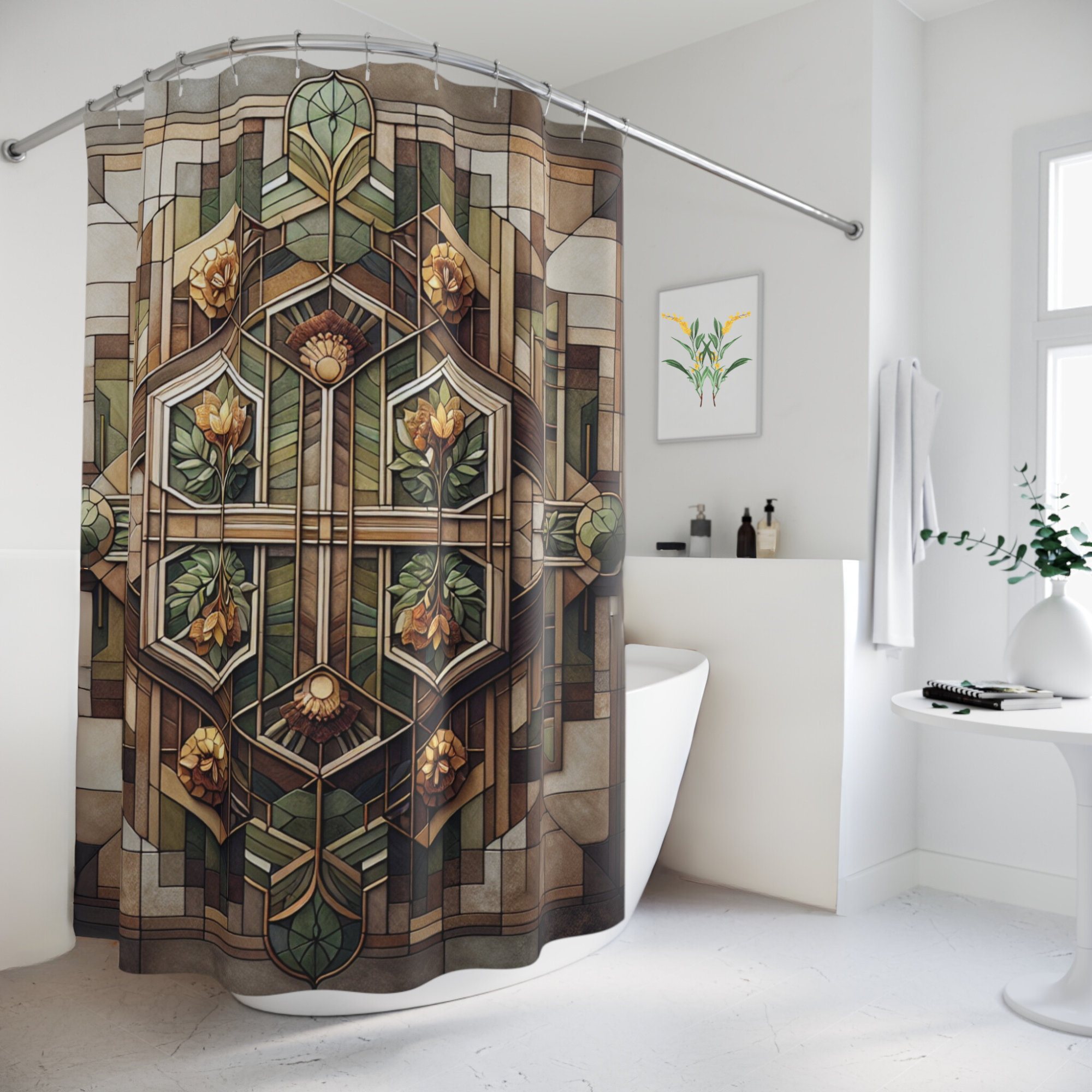 Art Deco Floral Shower Curtain – Geometric Green Gold