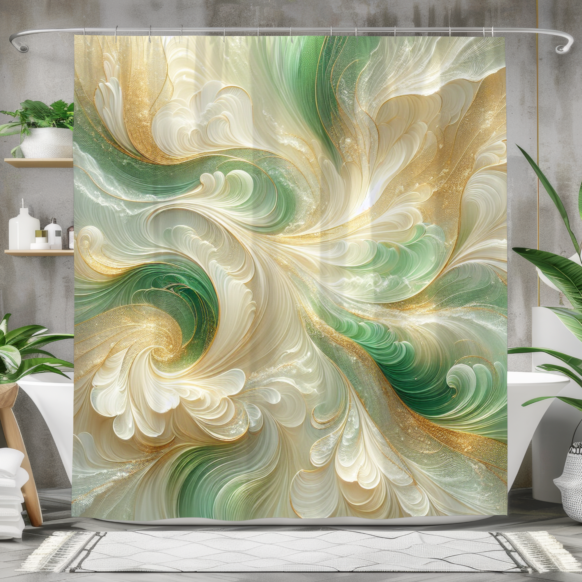 Emerald Gold Swirl – Elegant Abstract Shower Curtain