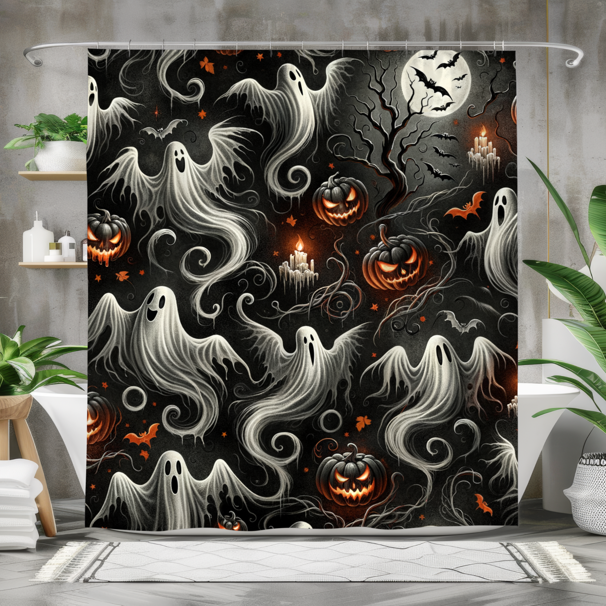 Haunted Ghosts and Pumpkins – Halloween Shower Curtain