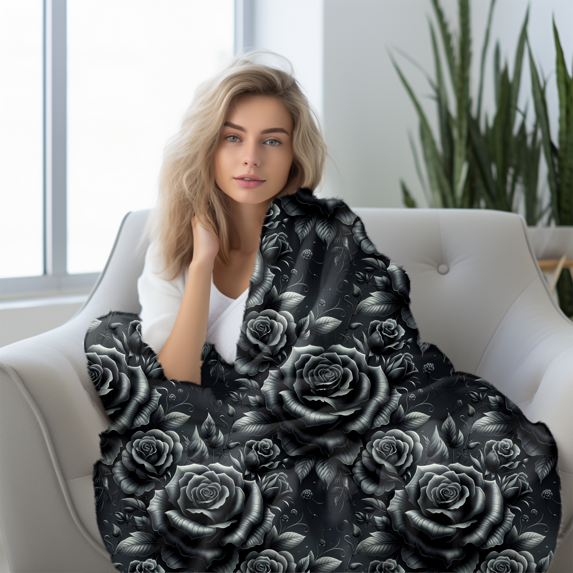 Black Roses on Midnight – Elegant Gothic Sherpa Blanket