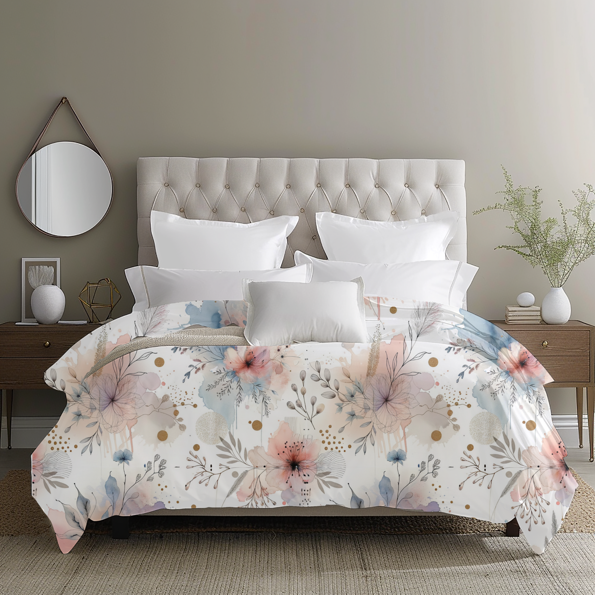 Watercolor Blush and Blue Petals – Soft Floral Duvet Cover