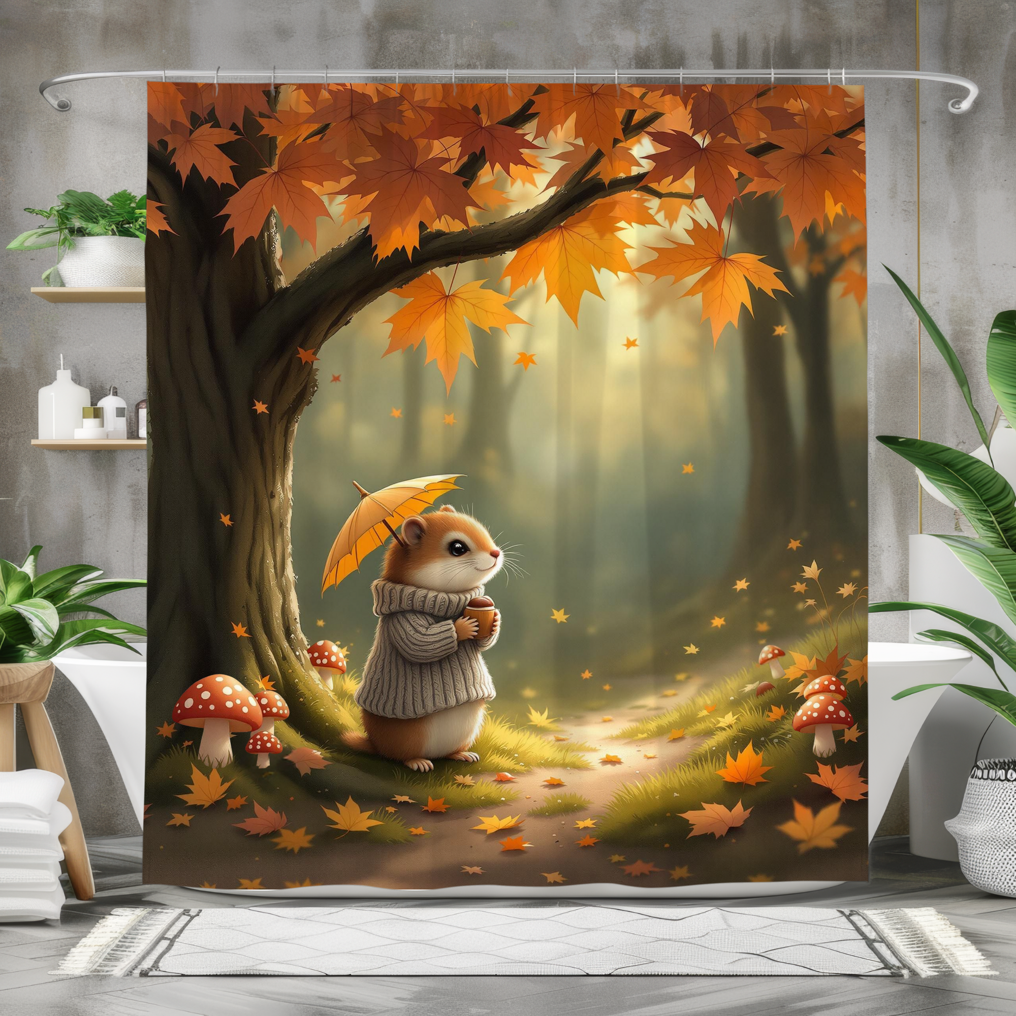 Autumn Chipmunk With Umbrella – Whimsical Fall Shower Curtain