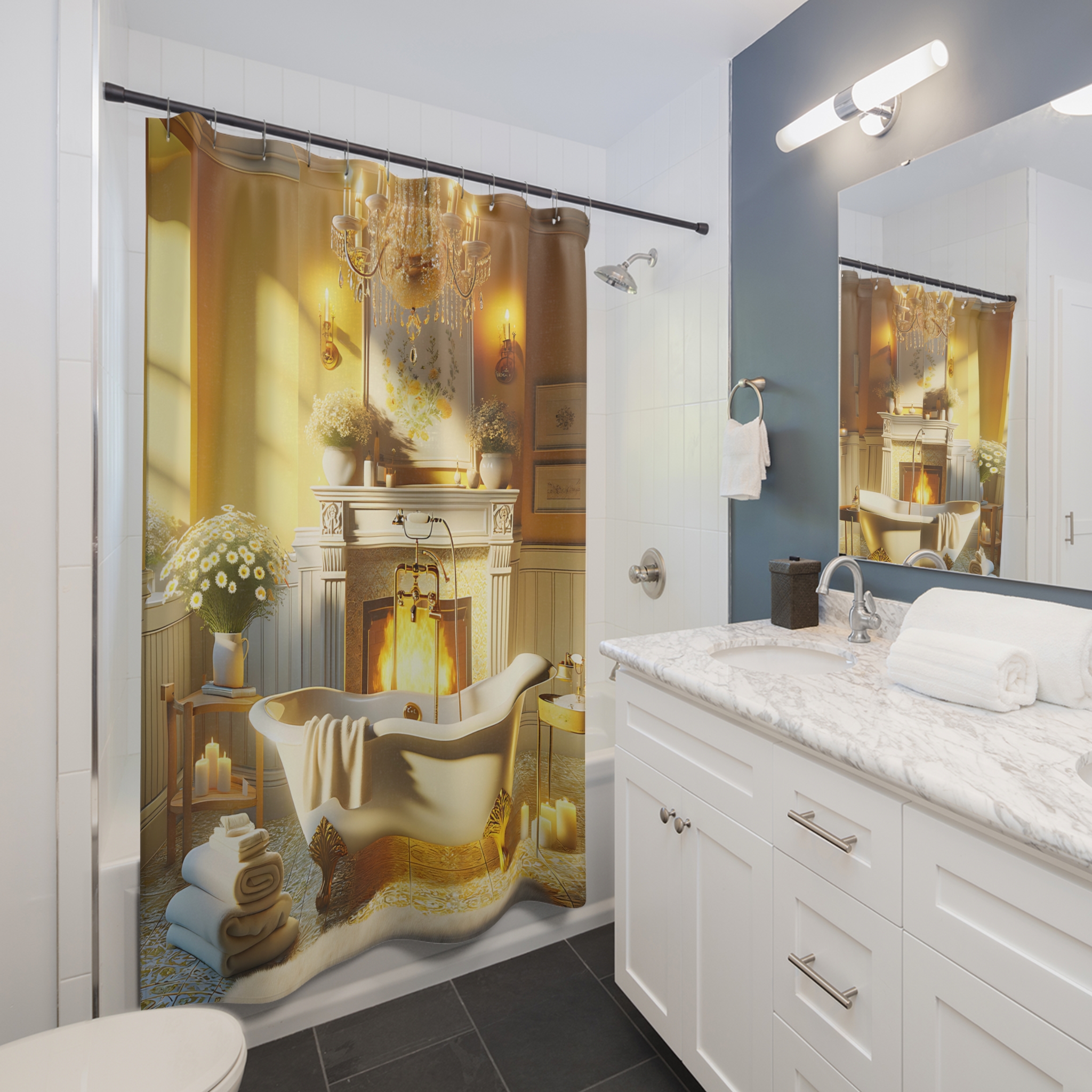 Golden Fireplace Bathroom – Elegant Yellow Shower Curtain