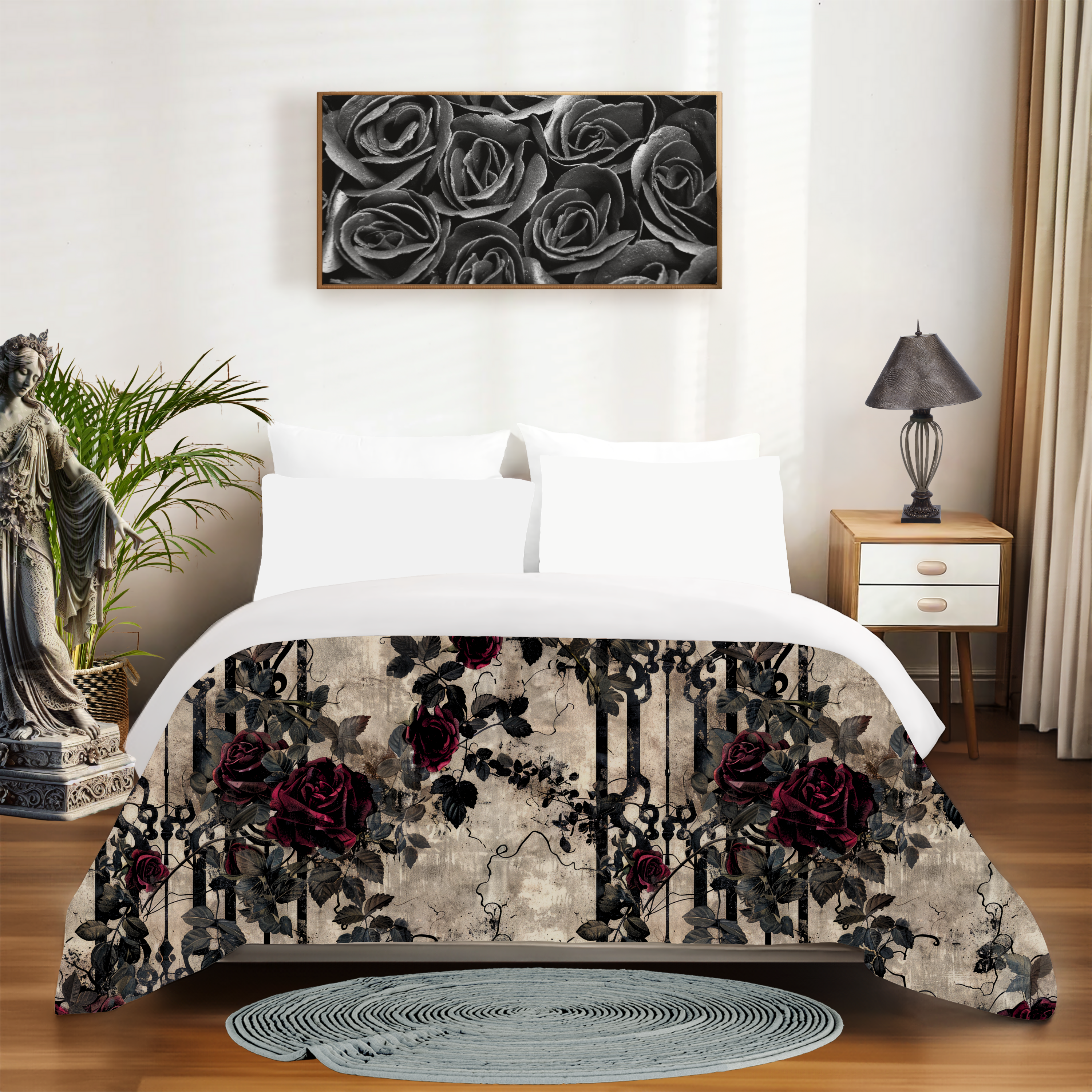Crimson Roses and Iron Gates – Gothic Rose Duvet Cover