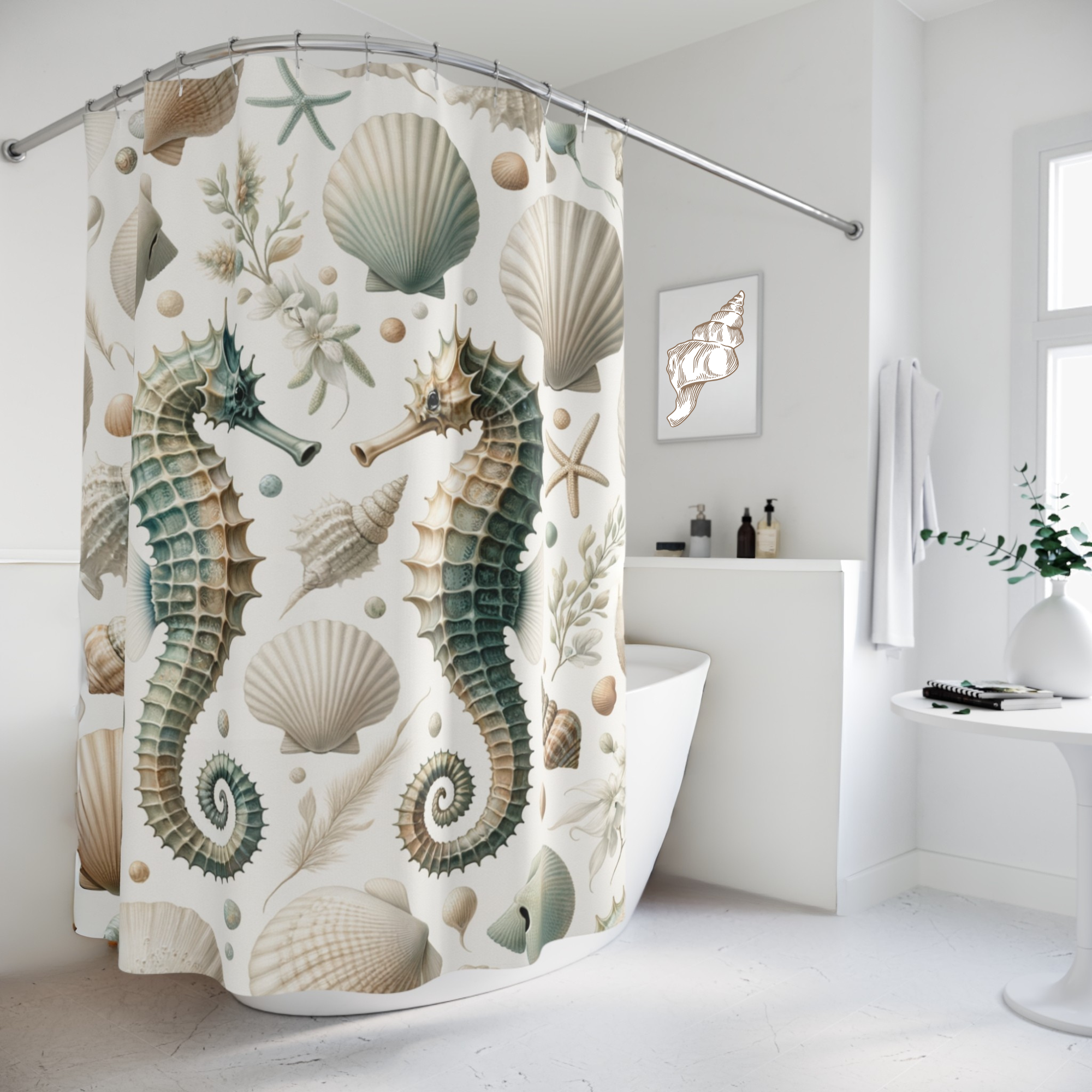 Seahorse Shower Curtain Coastal Shell Bathroom