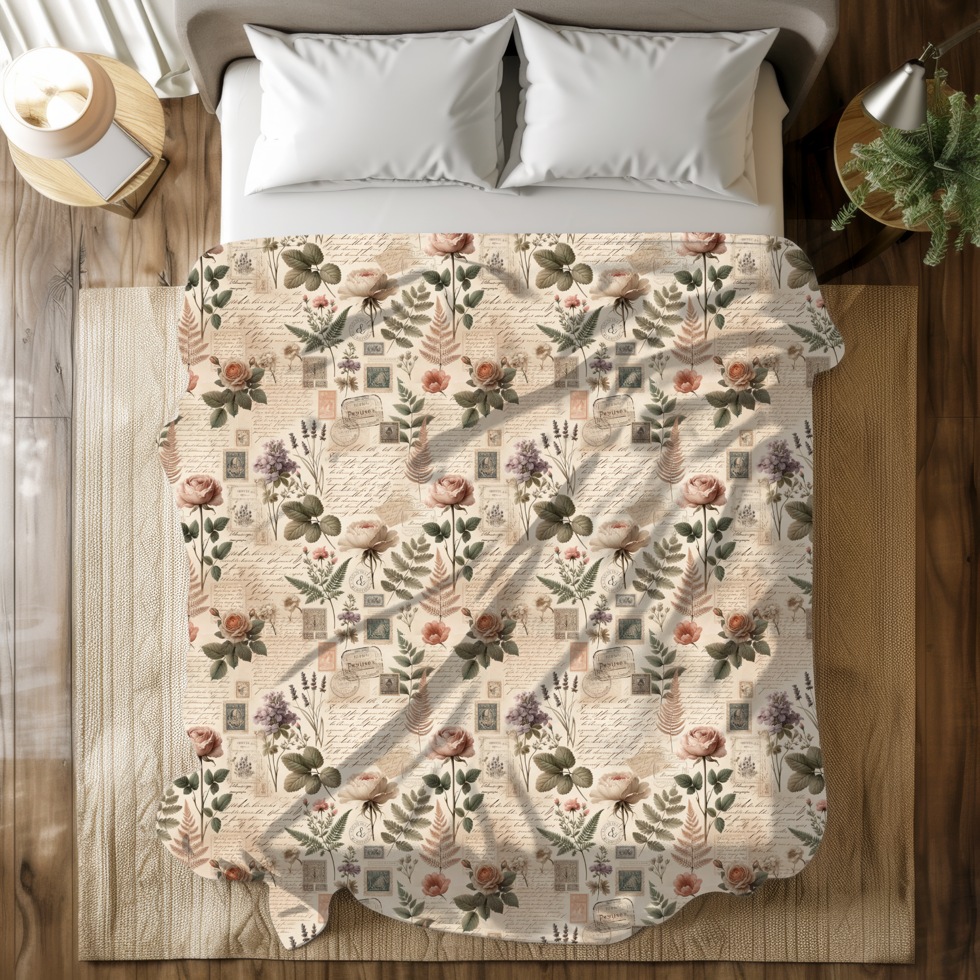 Antique Script & Botanical Collage Duvet Cover – Vintage Floral Letter Bedding