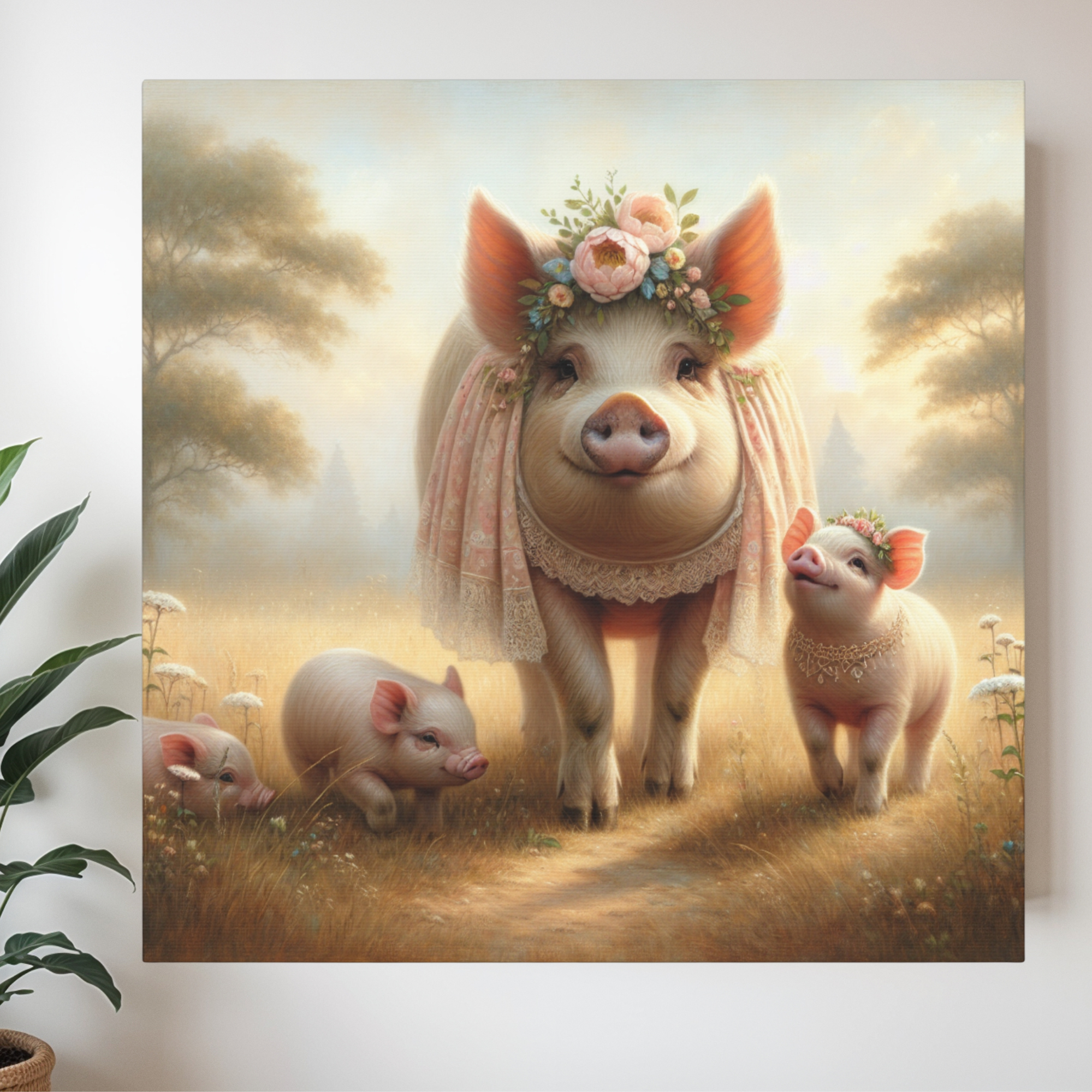 Mama Pig With Piglets in Floral Field – Vintage Pig Wall Art