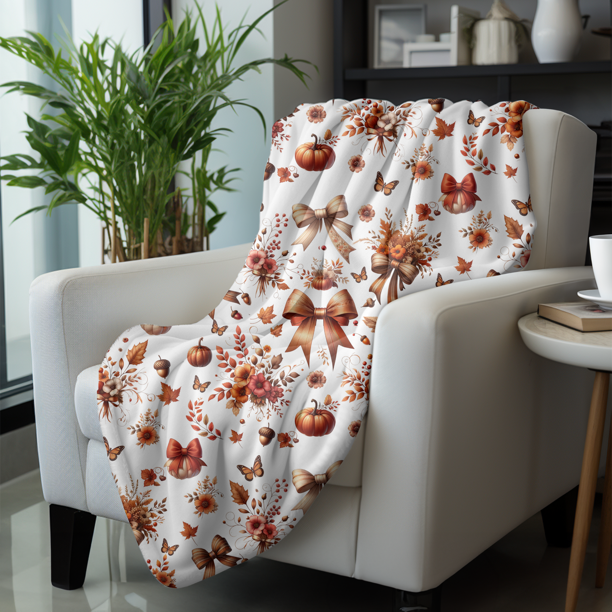 Autumn Ribbon and Pumpkin Garden – Fall Velveteen Blanket
