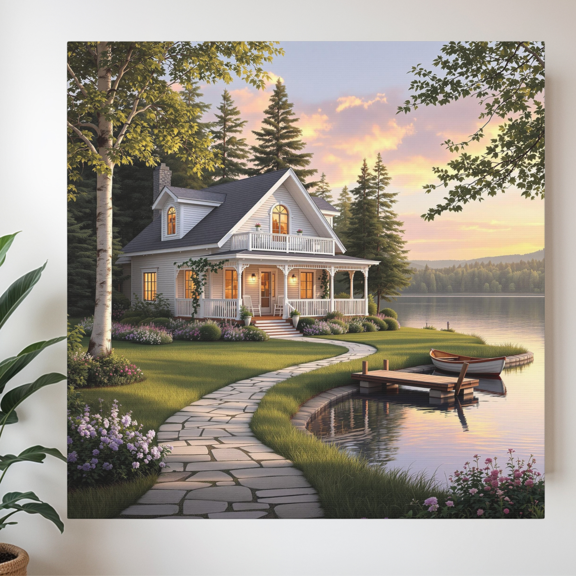 Cozy White Cottage at Lakeside – Romantic Lake House Wall Art