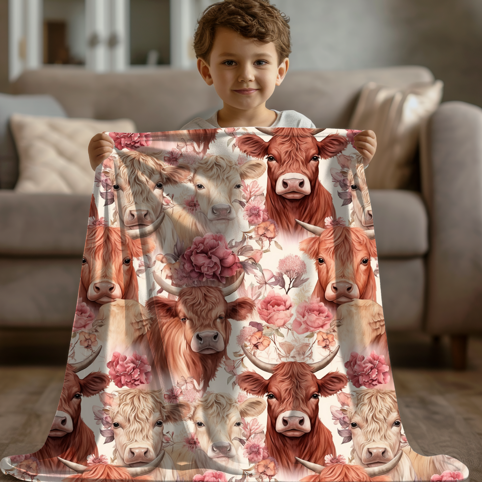Floral Highland Cows – Farmhouse Velveteen Blanket