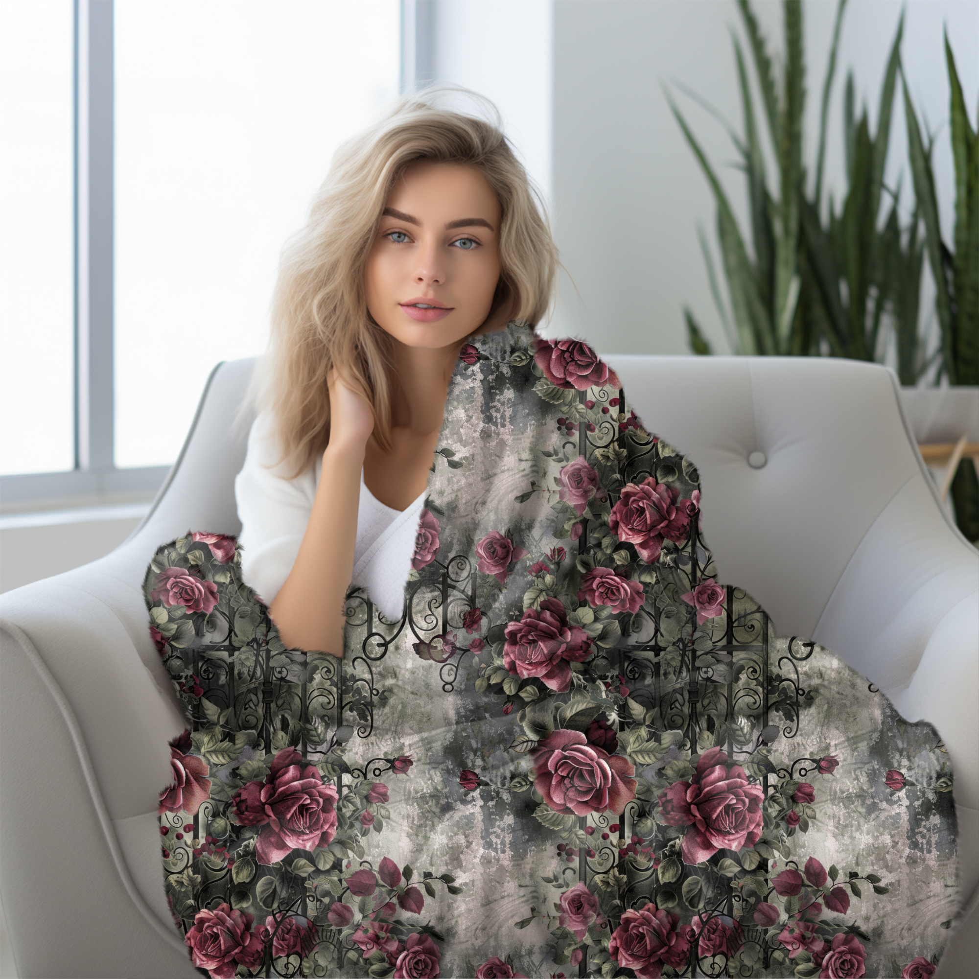 Victorian Roses With Ironwork – Gothic Sherpa Blanket