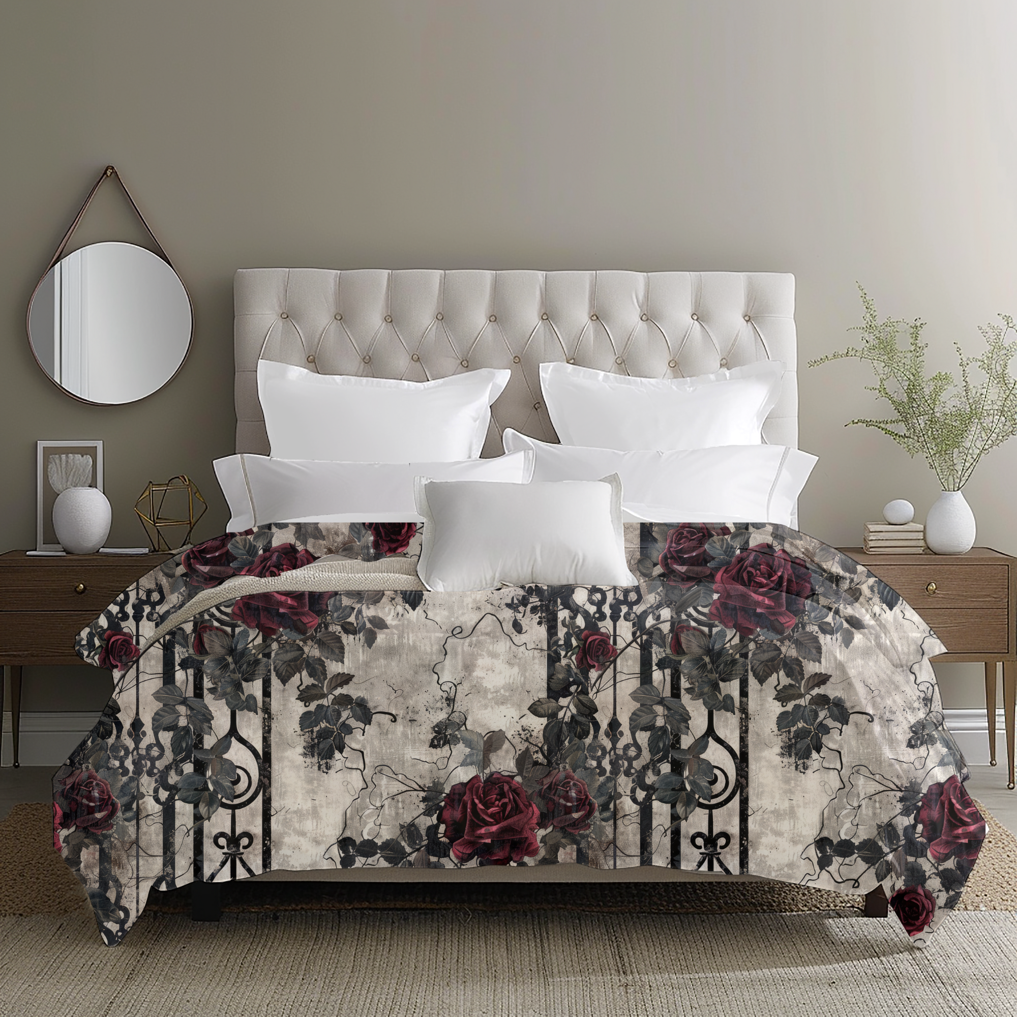 Crimson Roses and Iron Gates – Gothic Rose Duvet Cover
