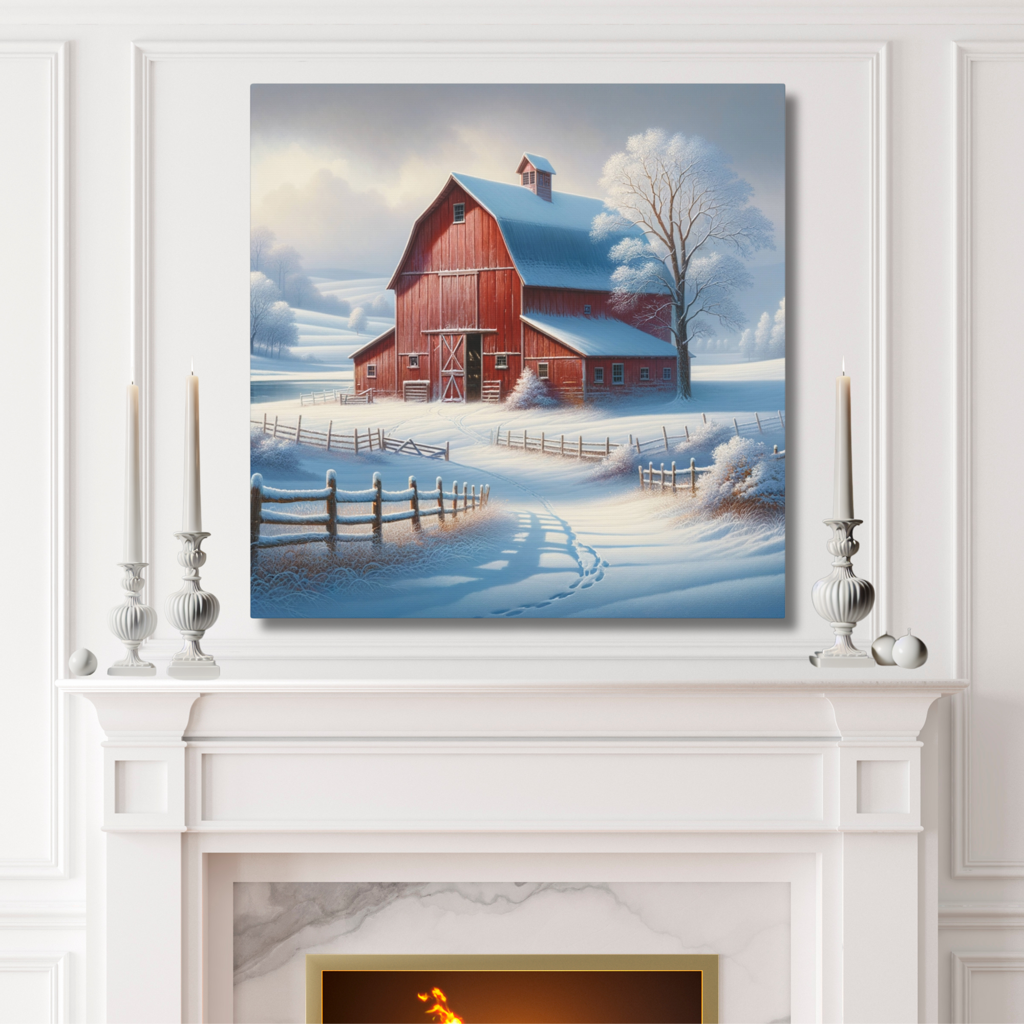 Red Barn Wall Art – Winter Farmhouse Snow Scene Canvas