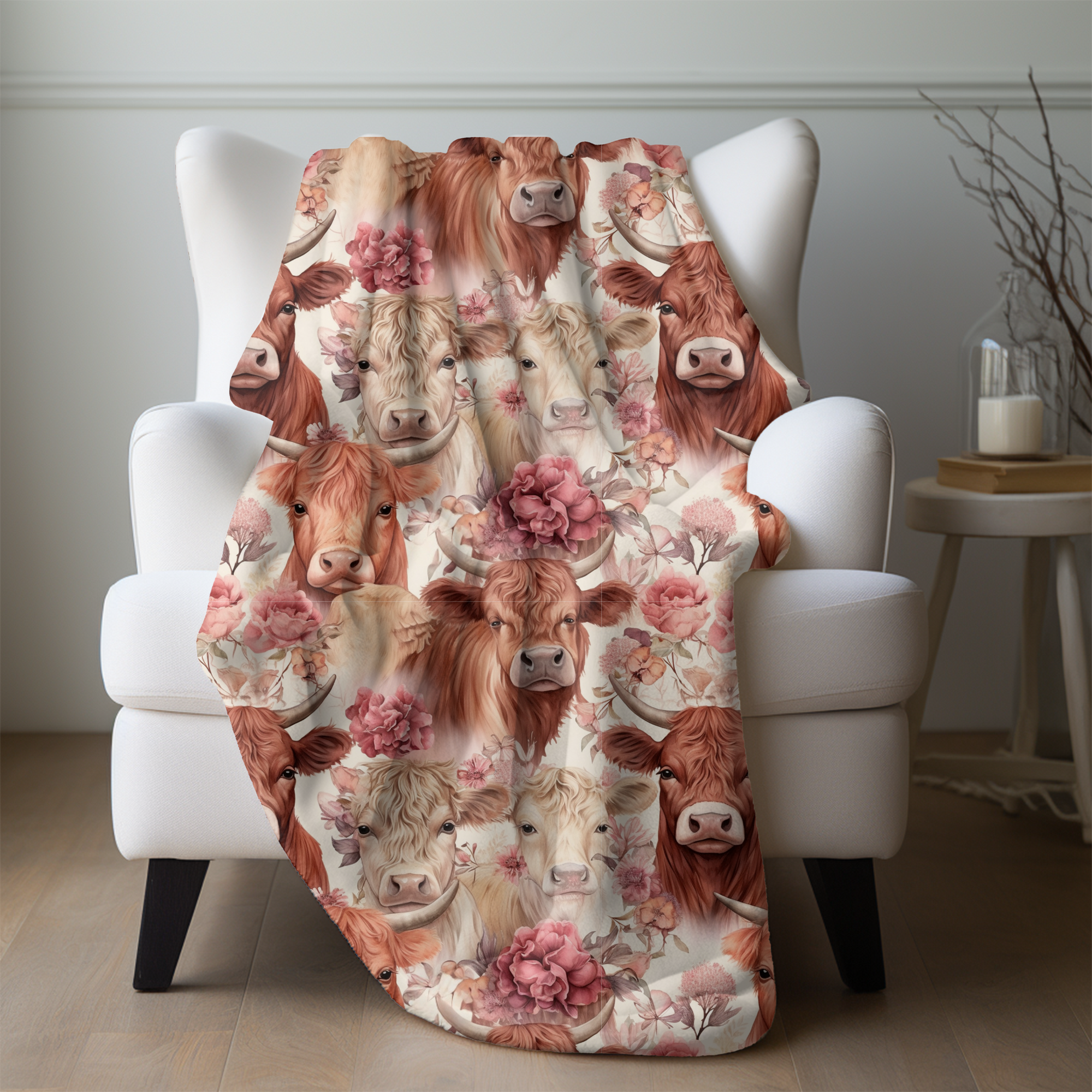 Floral Highland Cows – Farmhouse Velveteen Blanket