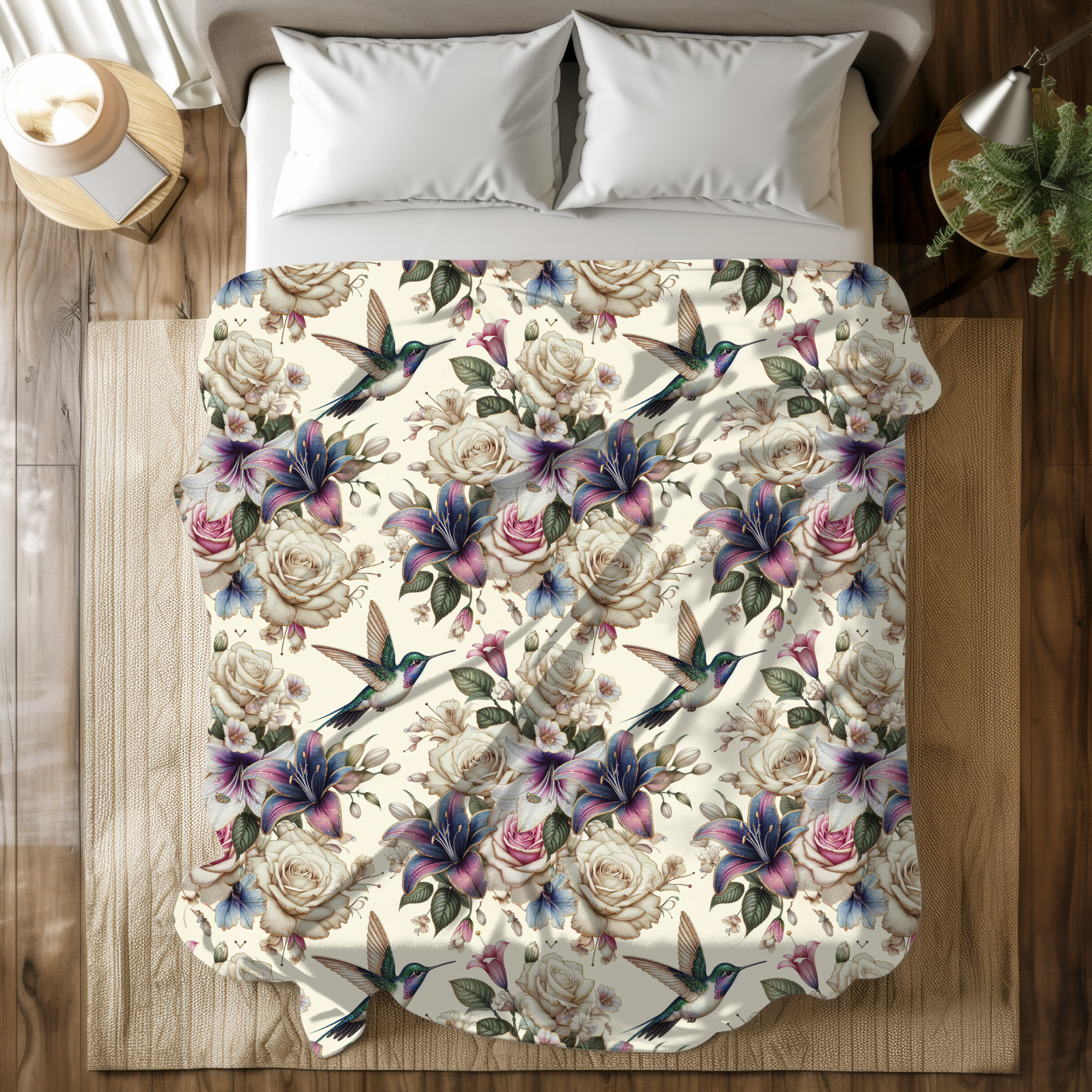 Hummingbirds and Ivory Roses – Floral Velveteen Blanket