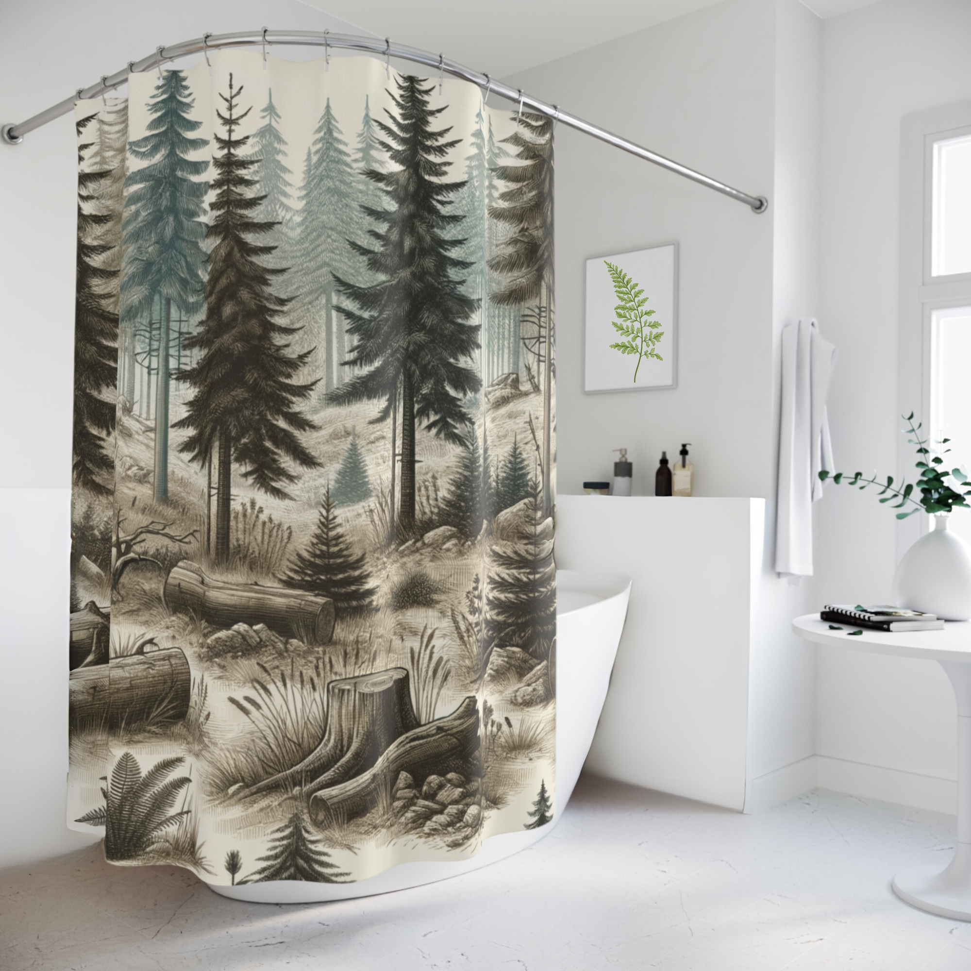 Hand-Drawn Forest Scene – Woodland Lodge Shower Curtain