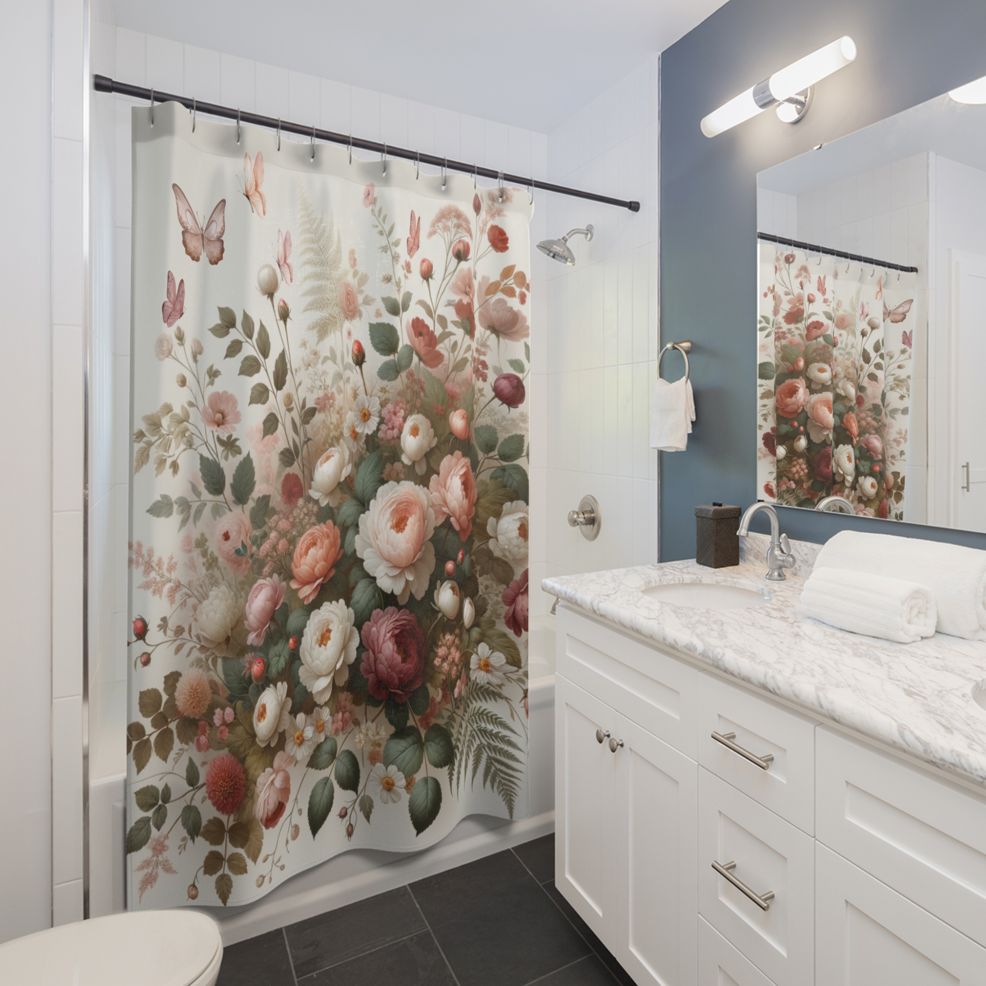 Romantic Floral Garden Shower Curtain, Vintage Botanical Bathroom Décor, Elegant Blush and Cream Peony Shower Art