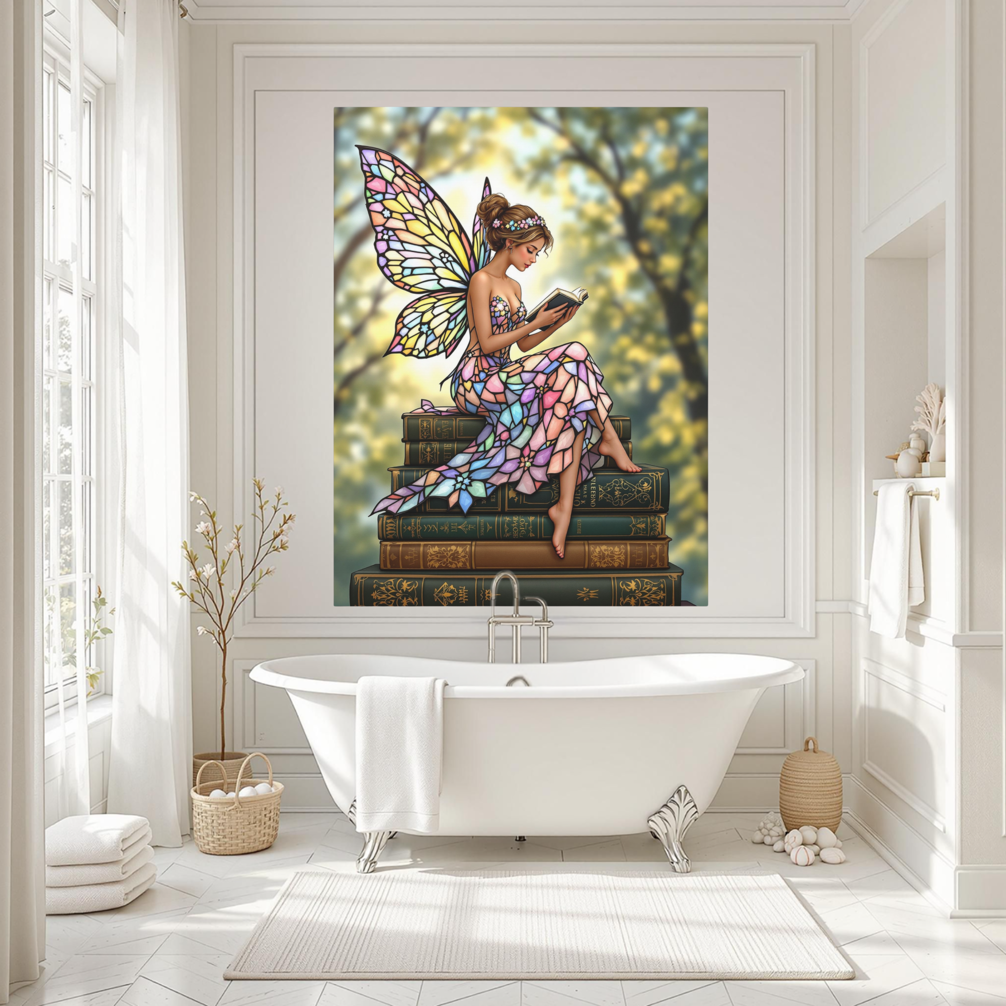 Stained Glass Fairy Reading – Fantasy Vertical Wall Art