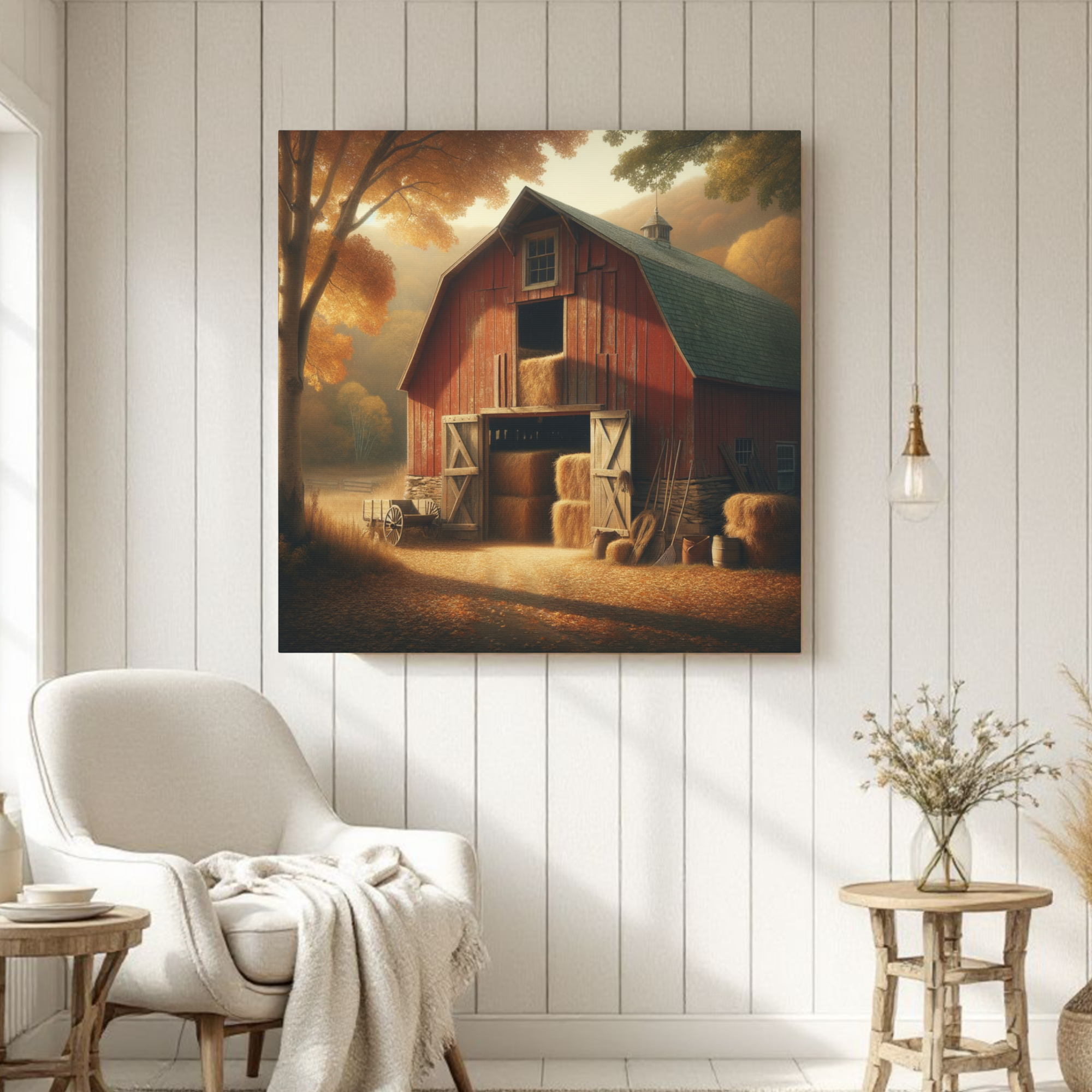 Rustic Red Barn in Autumn Light – Harvest Farm Wall Art