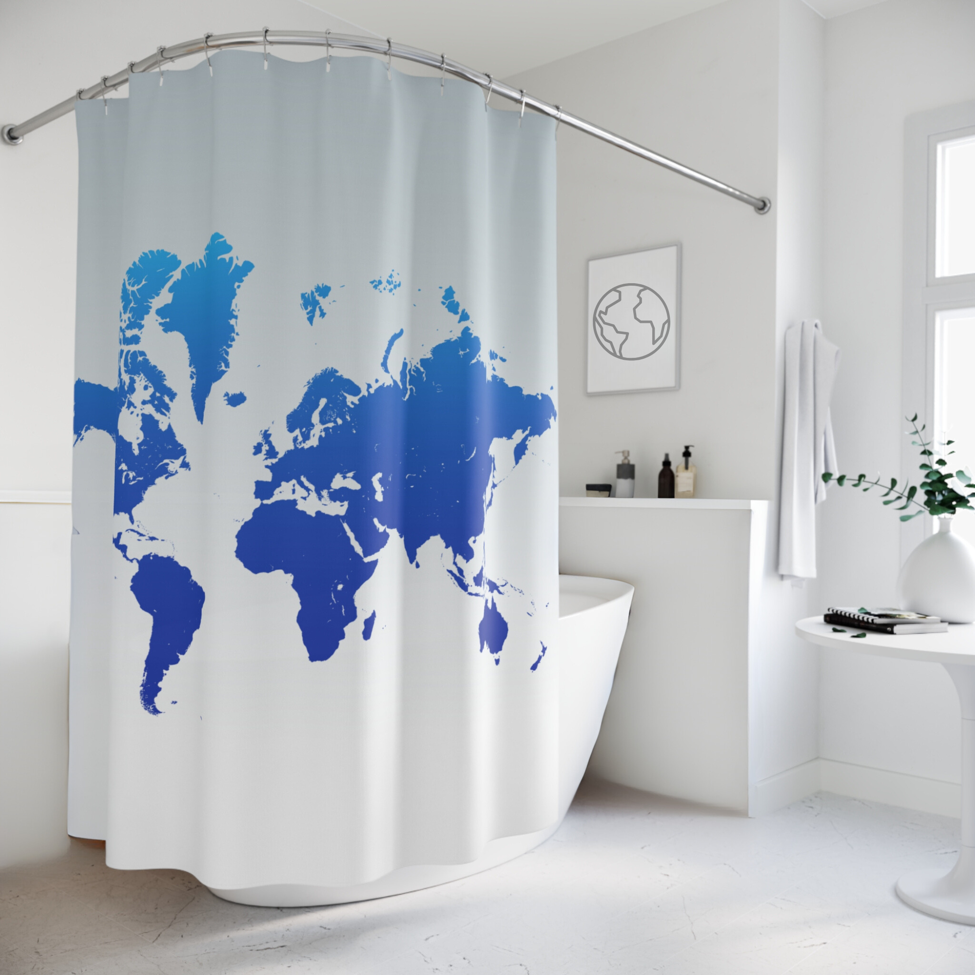 World Map Shower Curtain Blue Minimalist