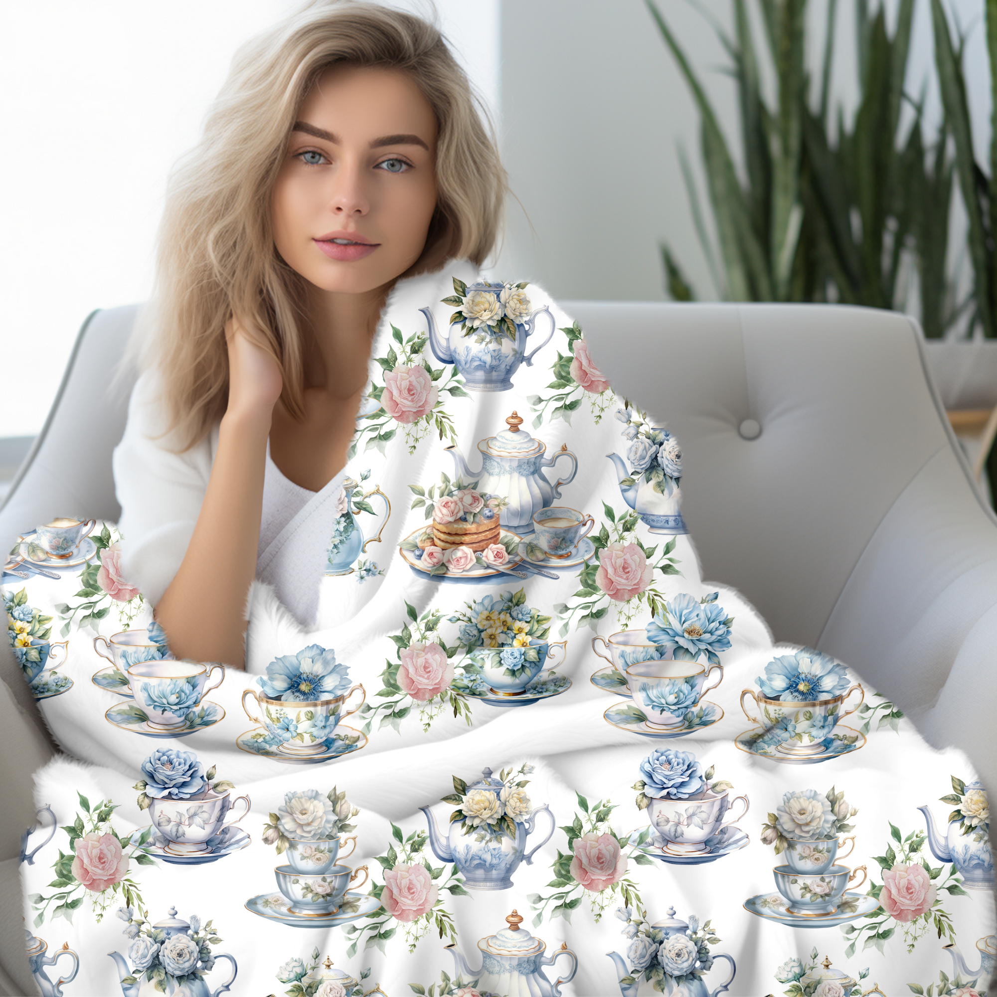 Blue Rose Teacups – Elegant High Tea Velveteen Blanket