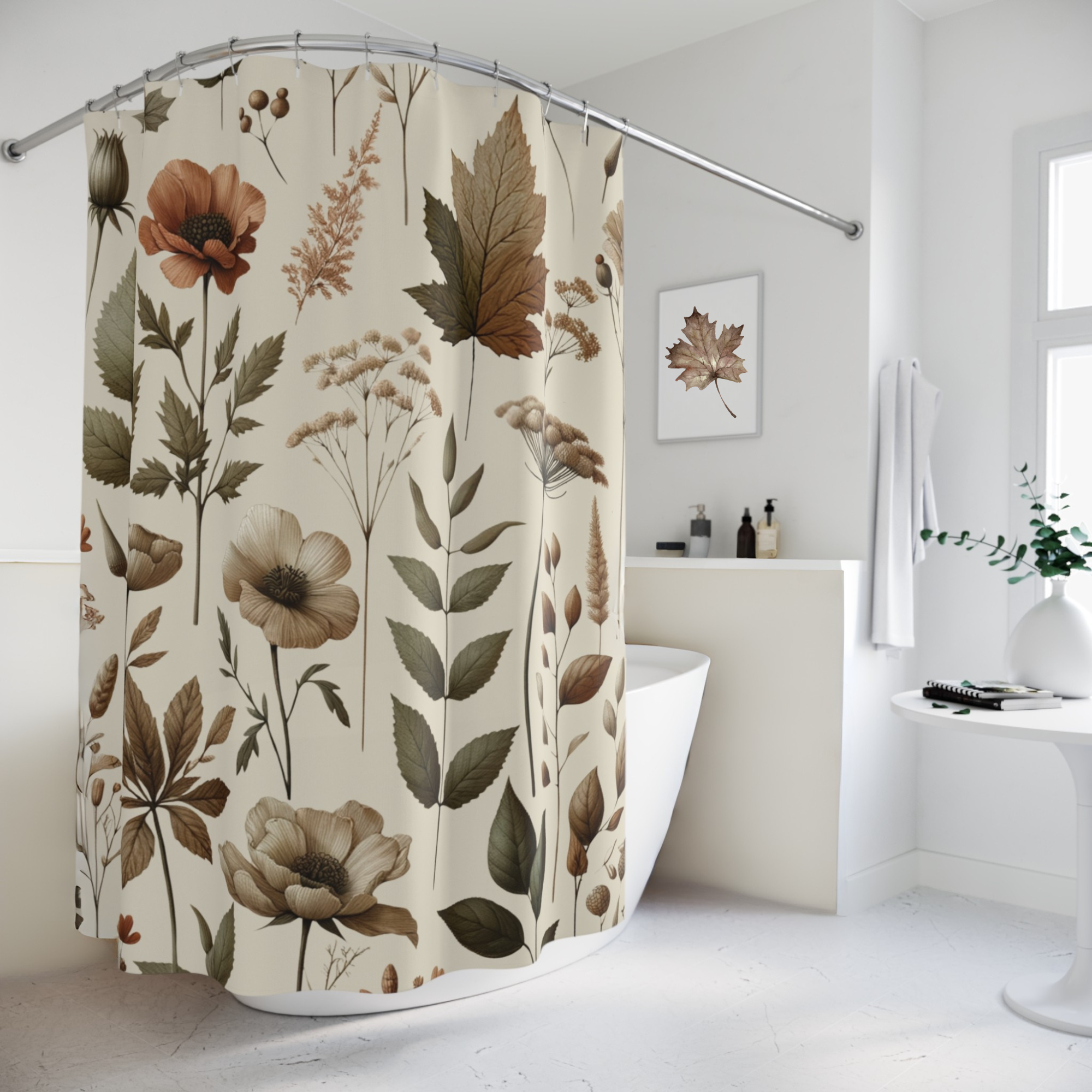 Autumn Botanical Shower Curtain – Neutral Floral Nature Bathroom Decor