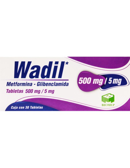 Wadil 500mg/5mg Metformina Glibenclamida 30 tabletas