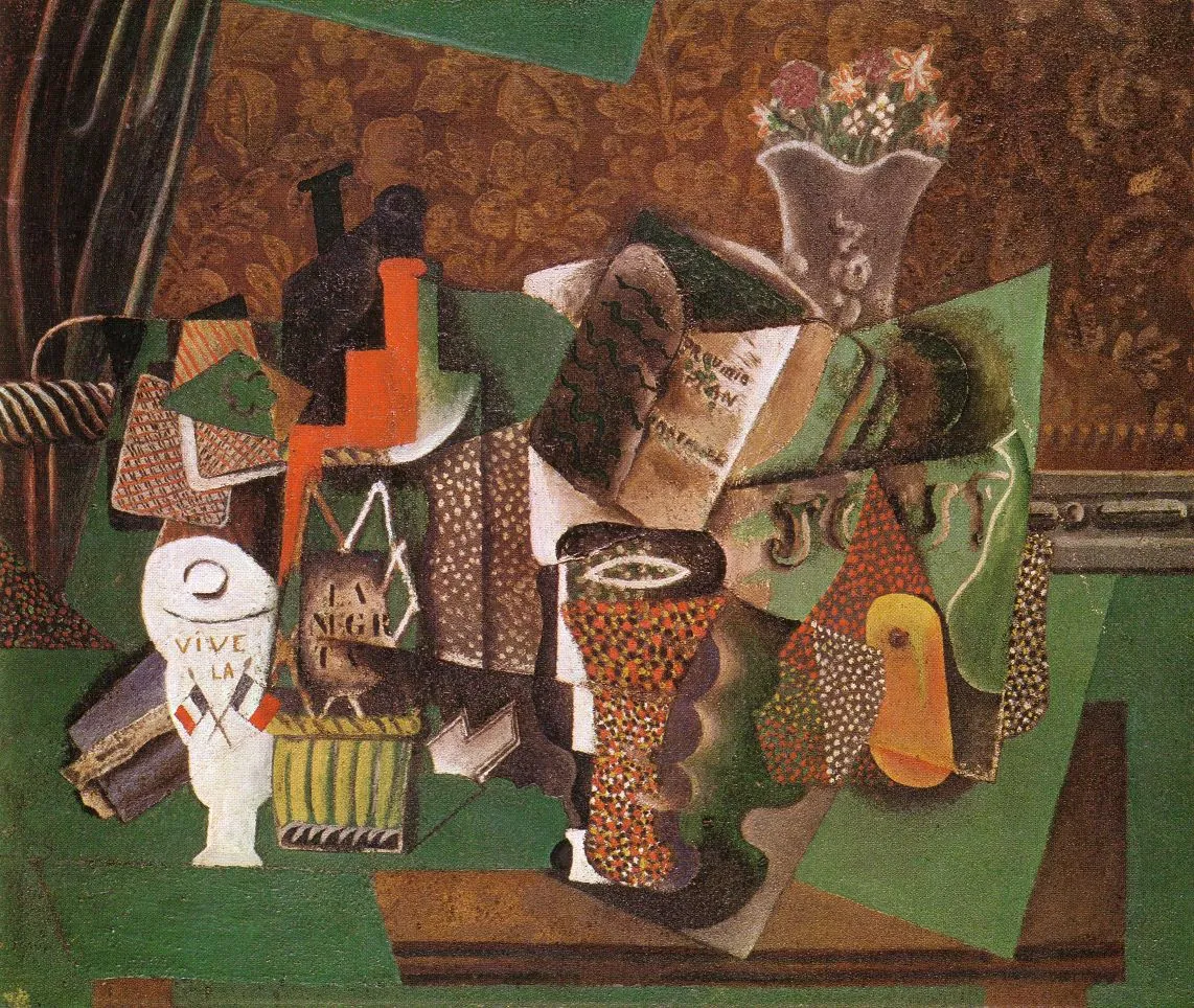 Pablo Picasso „Still Life with Cards, Glasses and a Bottle of Rum – Vive la France“ – reprodukcija ant drobės