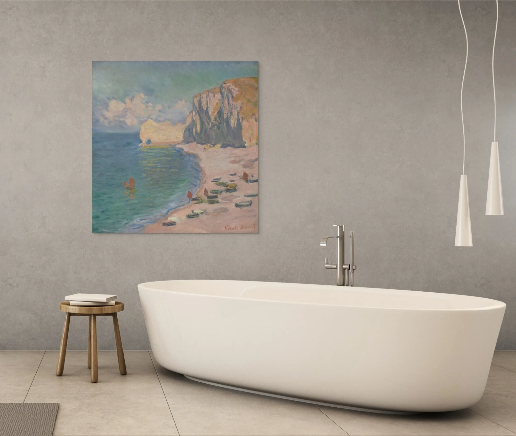 Claude Monet „Étretat: The Beach and the Falaise d’Amont“ – paveikslo reprodukcija ant drobės