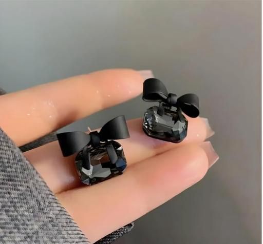 Black Bow & Crystal Stud Earrings