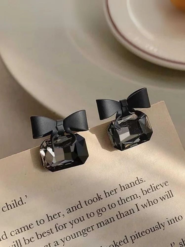 Black Bow & Crystal Stud Earrings