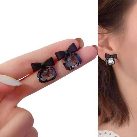 Black Bow & Crystal Stud Earrings