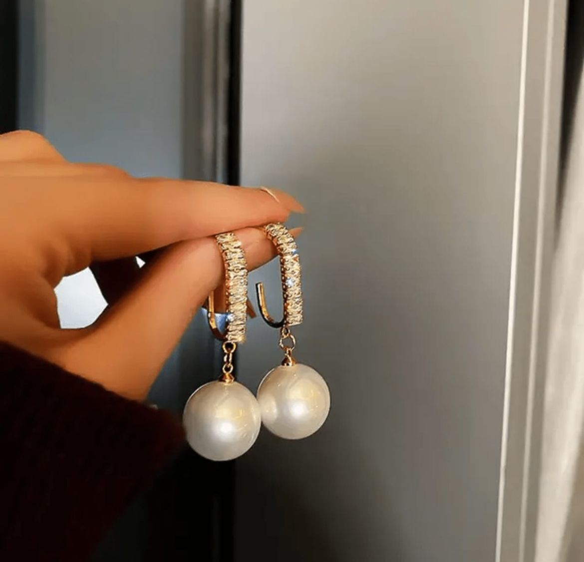 Elegant Crystal Hoop Pearl Drop Earrings