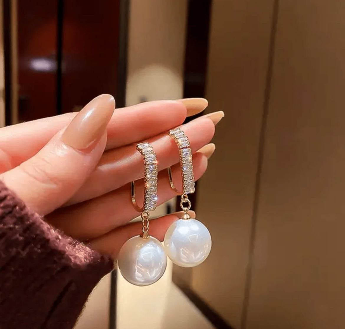 Elegant Crystal Hoop Pearl Drop Earrings