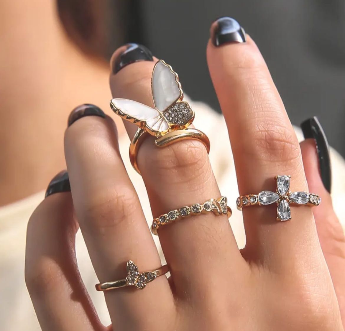 Golden Butterfly Charm Ring Set – 4 Piece Elegant Crystal Collection