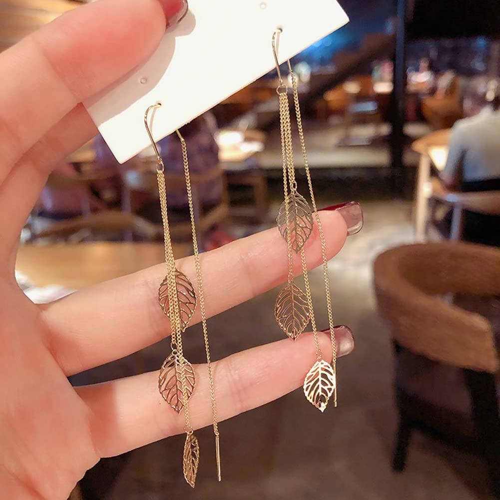 Golden Cascading Leaf Drop Earrings – Elegant Long Chain Dangles