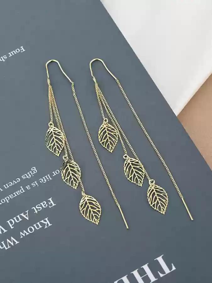 Golden Cascading Leaf Drop Earrings – Elegant Long Chain Dangles
