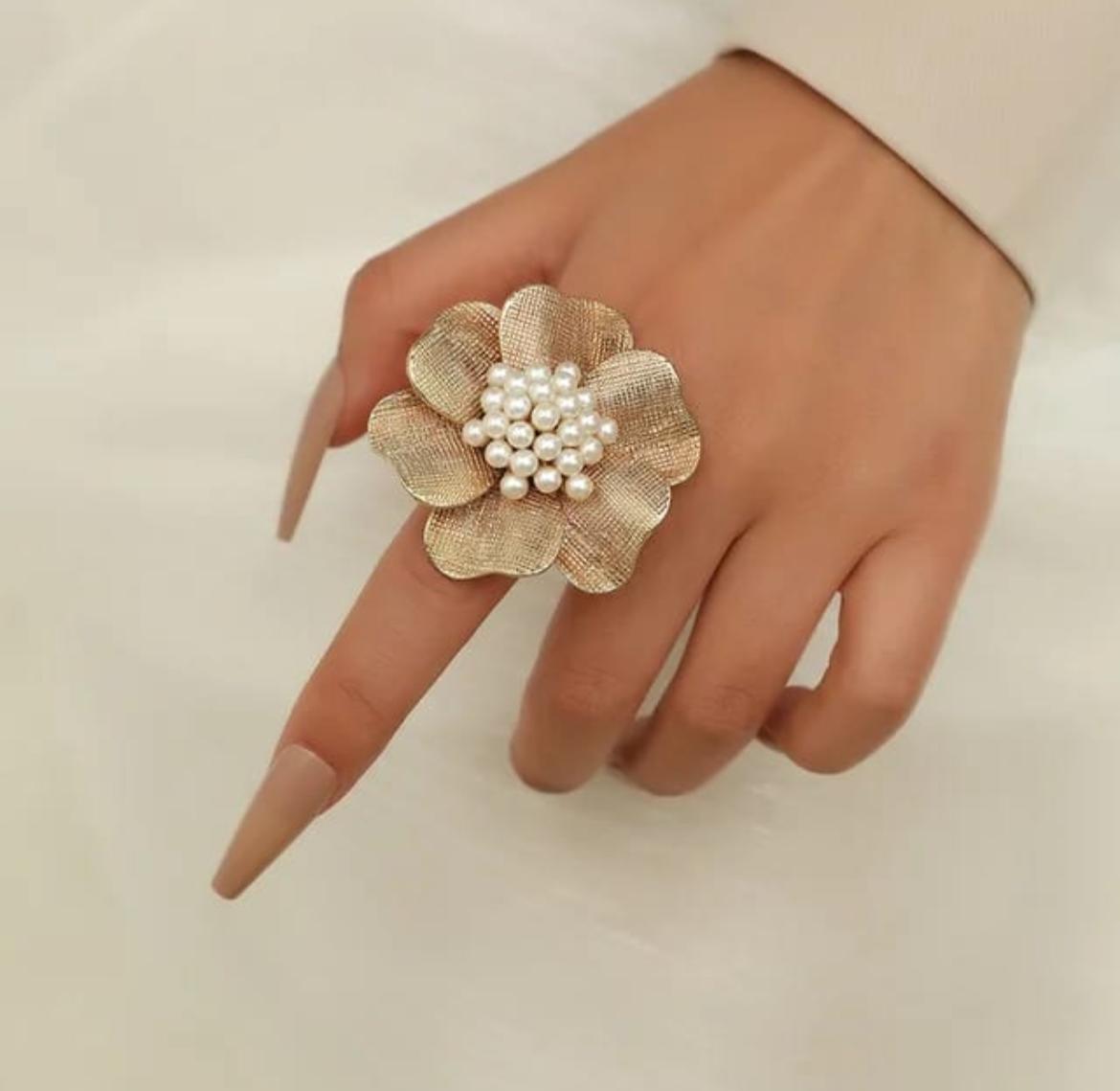 Vintage-Inspired Oversized Floral Ring with Pearl Cluster Center