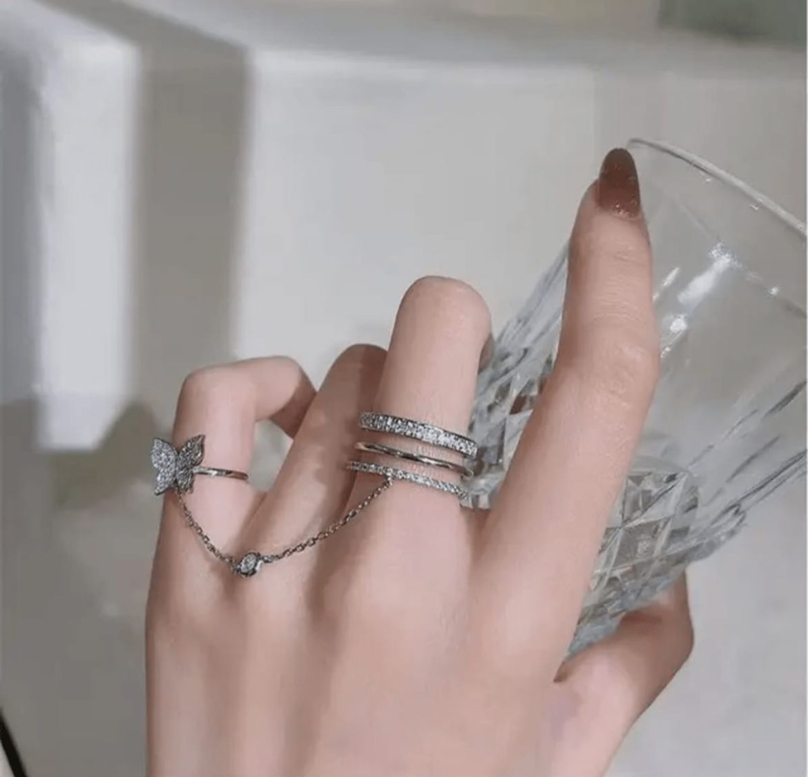 Chic Silver Multi-Layered Ring Set with Butterfly & Chain Accent