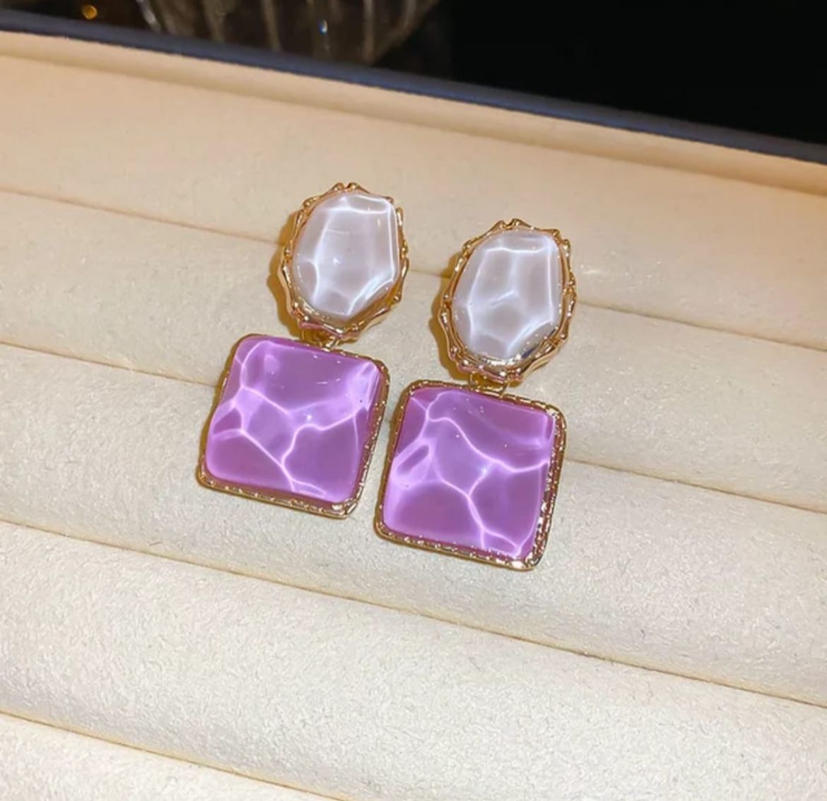 Iridescent Lavender & Pearl Dual Stone Drop Earrings