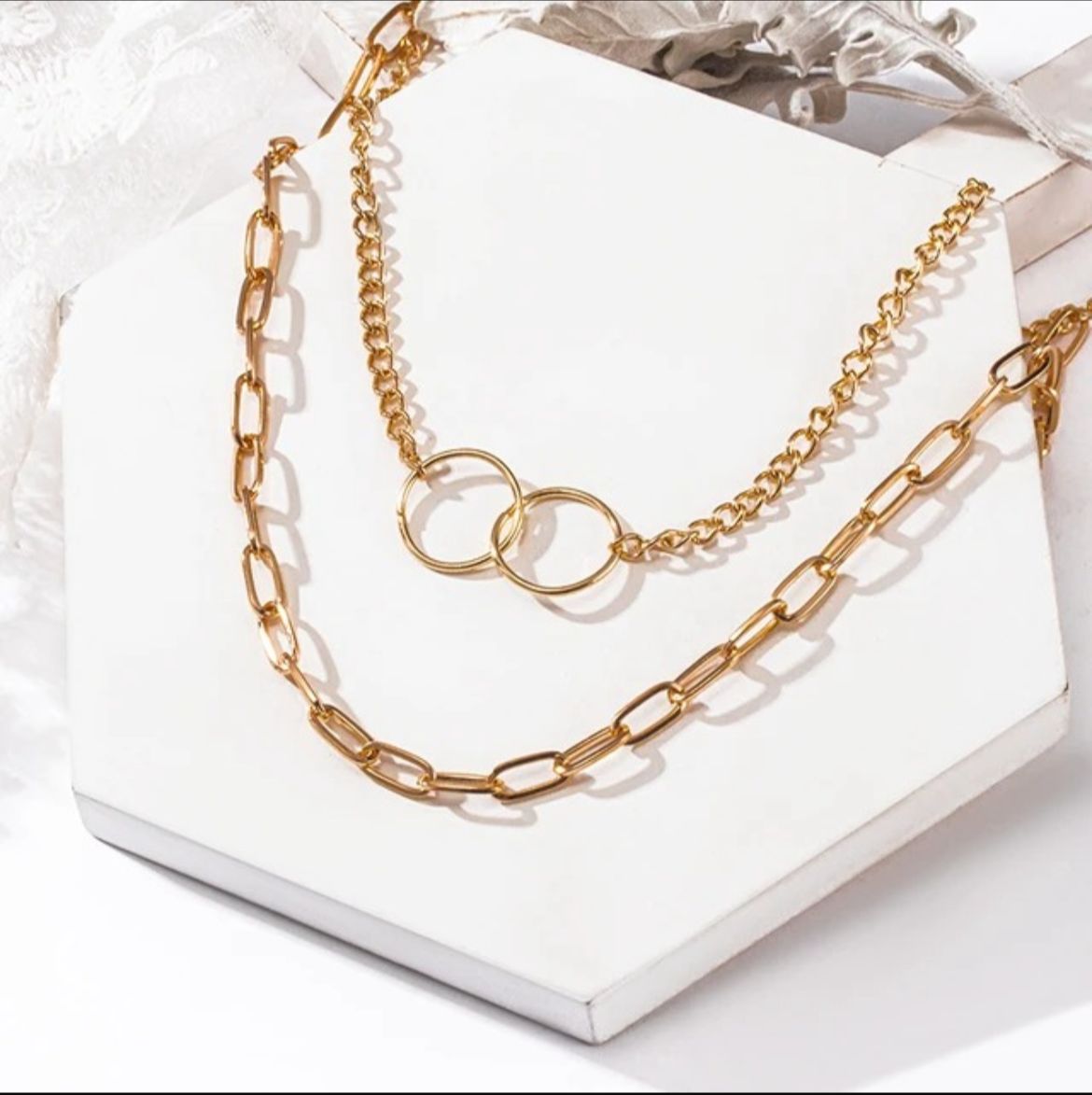 Dual Link Chain Necklace Set with Interlocking Rings
